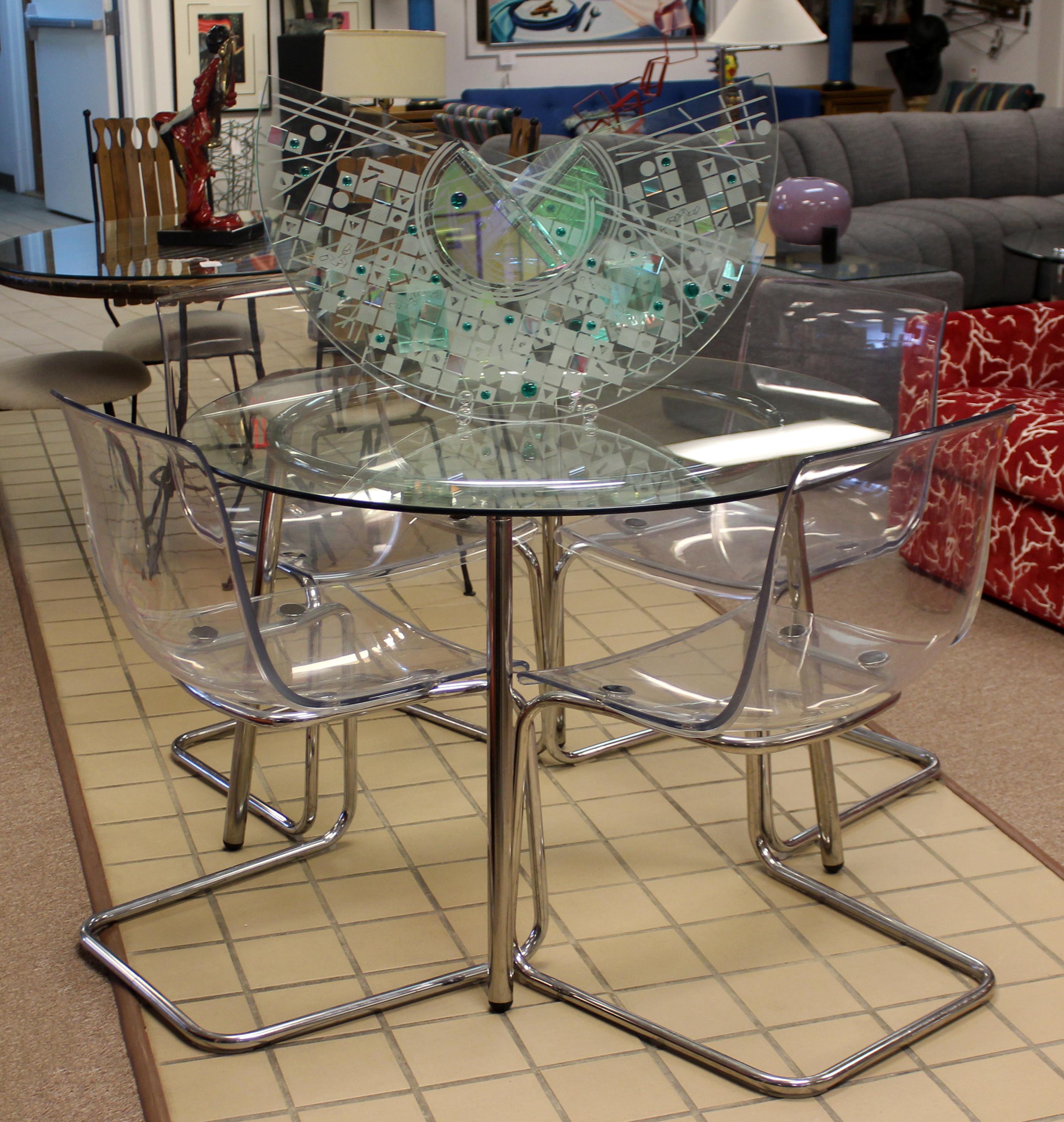 Mid-Century Modern Chrome Acrylic Dinette Set 4 Side Chairs Glass Top Table 3