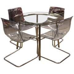 Mid-Century Modern Chrome Acrylic Dinette Set 4 Side Chairs Glass Top Table