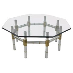 Mid Century Modern Chrome and Brass Faux Bamboo Octagonal Glass Top Coffee Table