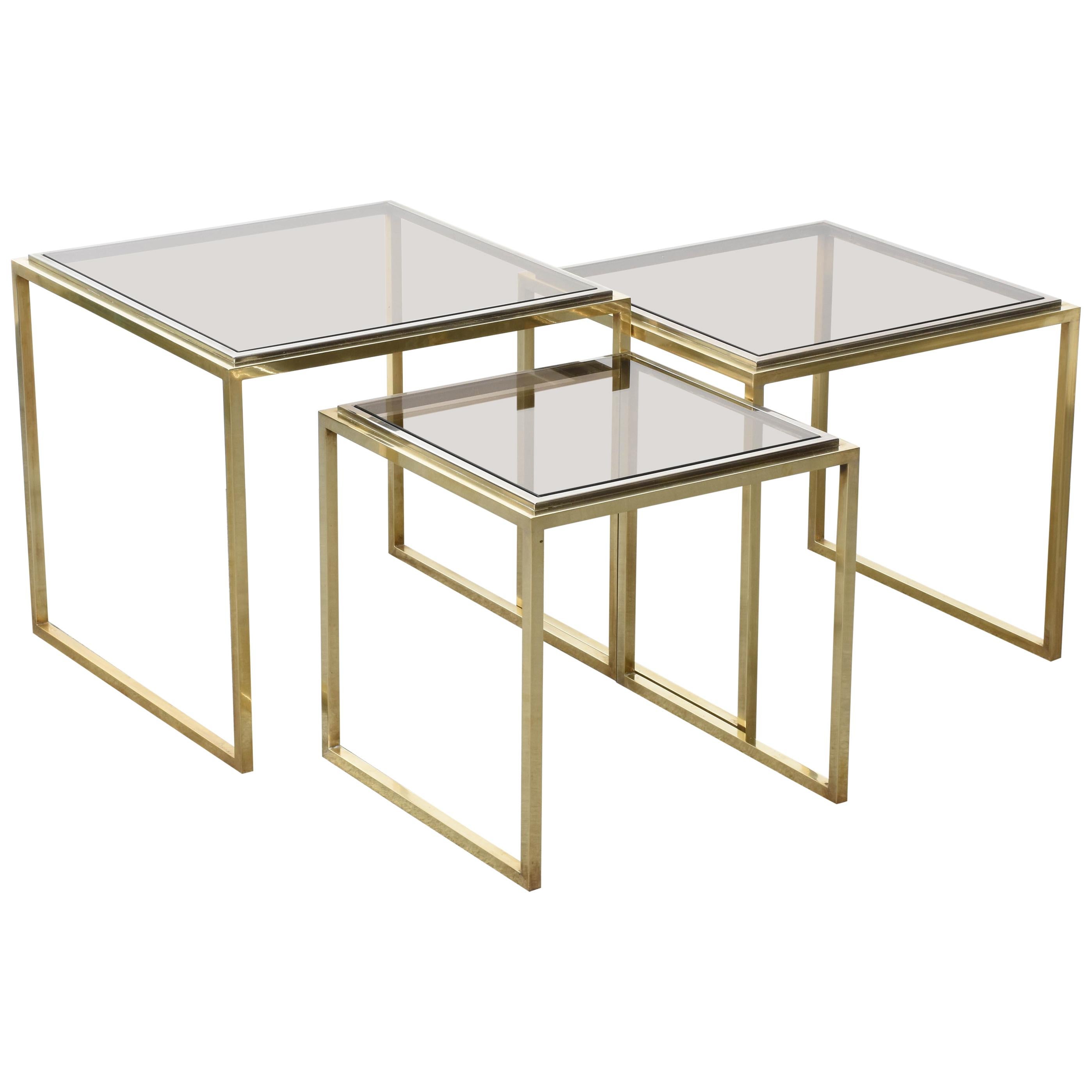 Mid-Century Modern Chrome and Brass Smoked Glass Italian Nesting Tables, 1970s For Sale