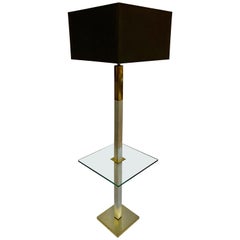 Mid-Century Modern Chrome and Brass Square Glass Side Table Floor Lamp