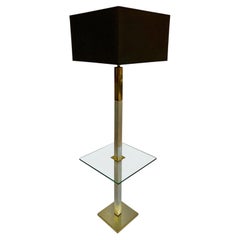 Mid-Century Modern Chrome and Brass Square Glass Side Table Floor Lamp