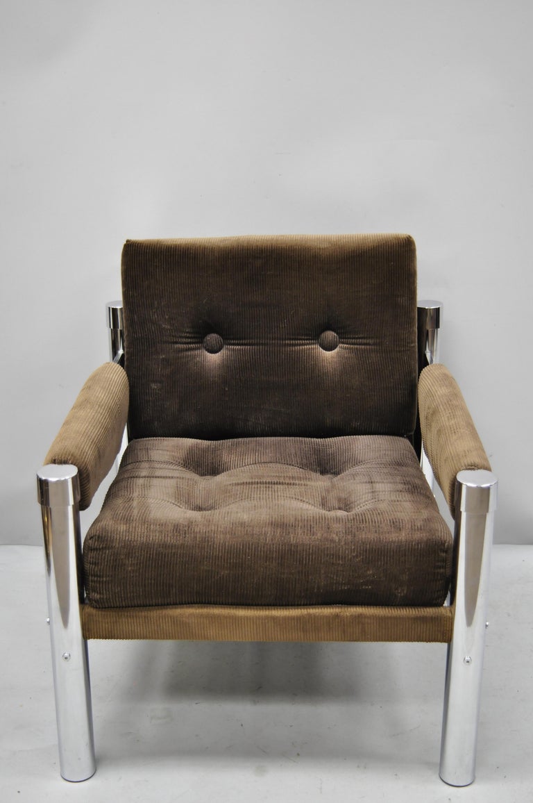 MidCentury Modern Chrome and Brown Corduroy Chair by James David Inc