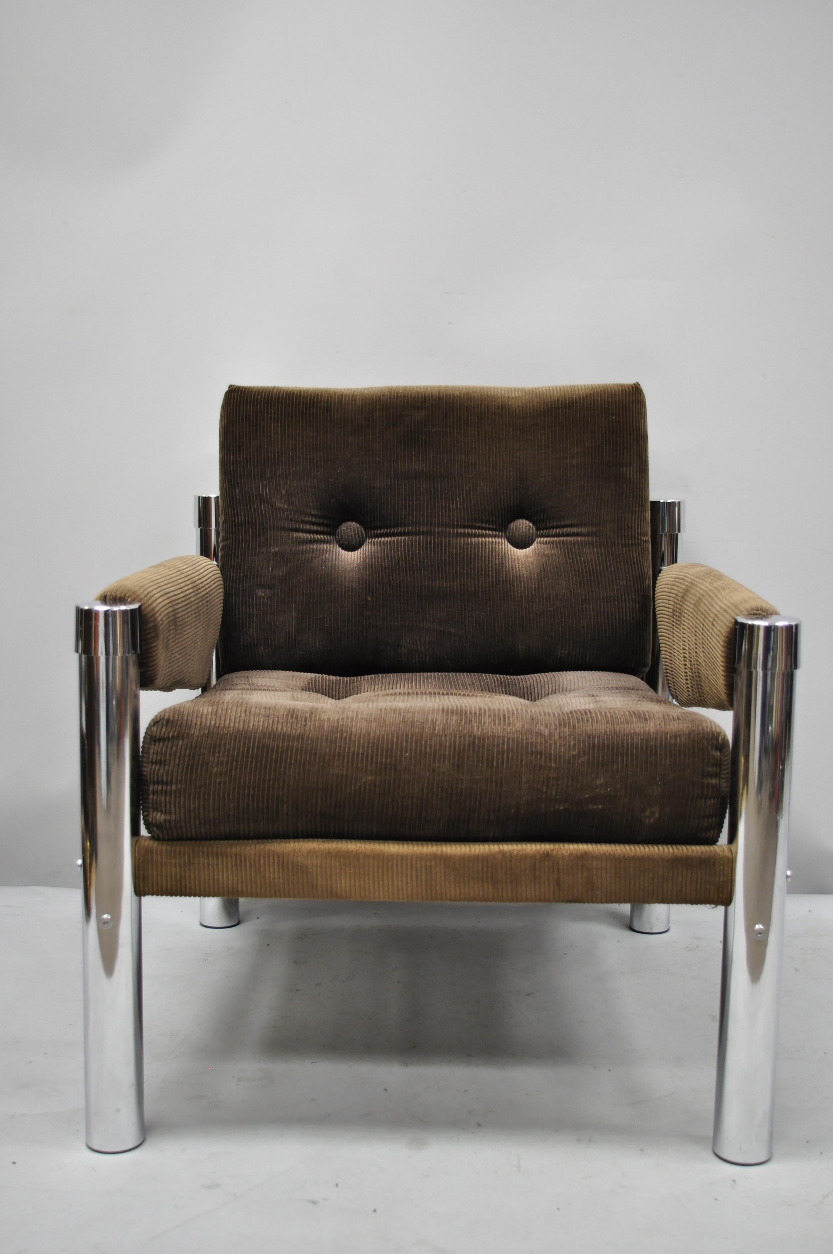 Mid-Century Modern chrome and brown Corduroy Chair by James David Inc. Item features sling seat, chrome frame, brown button tufted original 