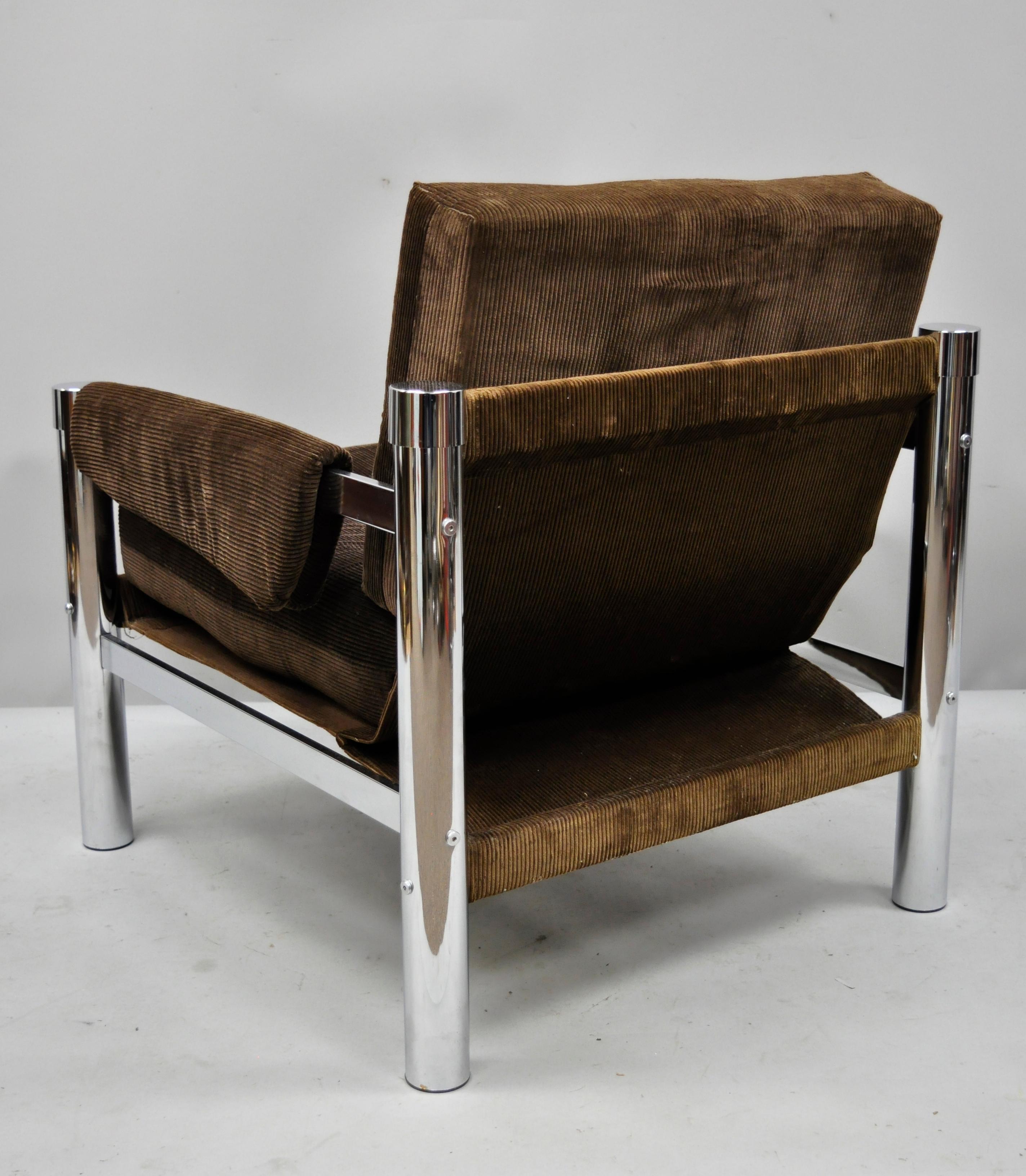 Mid-Century Modern Chrome and Brown Corduroy Chair by James David Inc In Good Condition In Philadelphia, PA