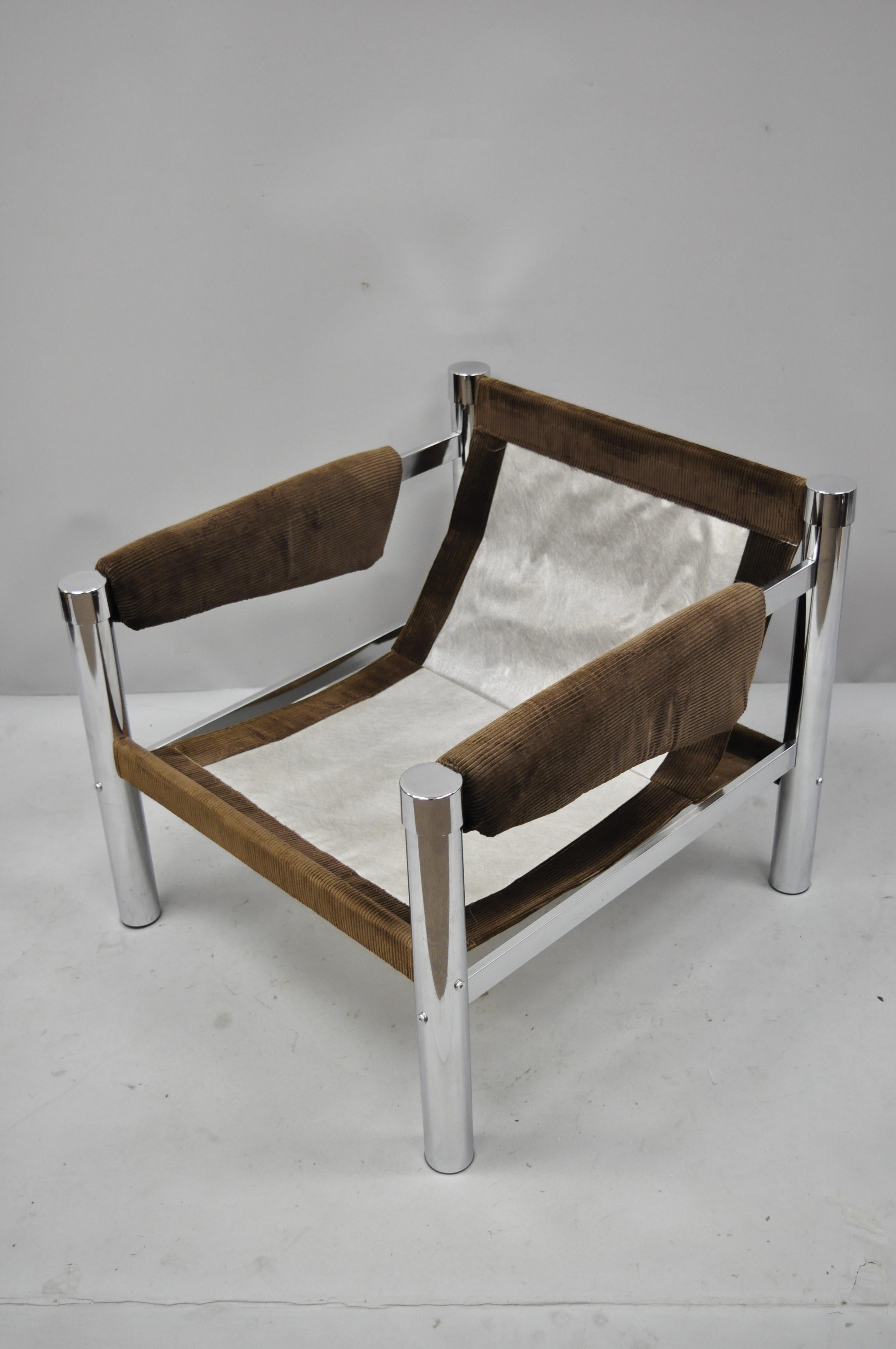 Fabric Mid-Century Modern Chrome and Brown Corduroy Chair by James David Inc