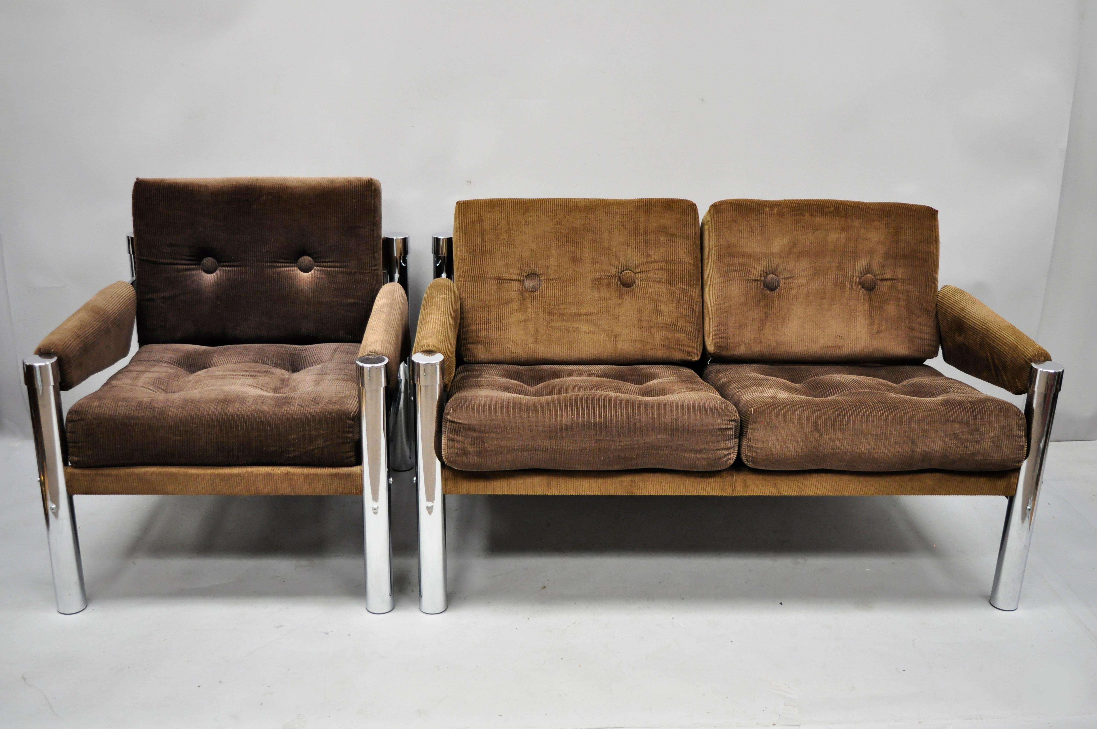Mid-Century Modern Chrome and Brown Corduroy Loveseat Sofa by James David Inc 1