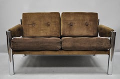 Mid-Century Modern Chrome and Brown Corduroy Loveseat Sofa by James David Inc