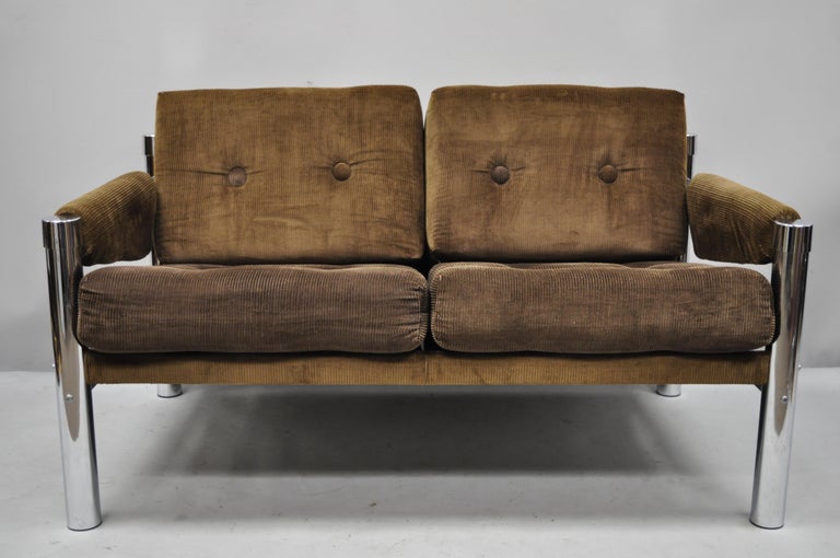 MidCentury Modern Chrome and Brown Corduroy Loveseat Sofa by James