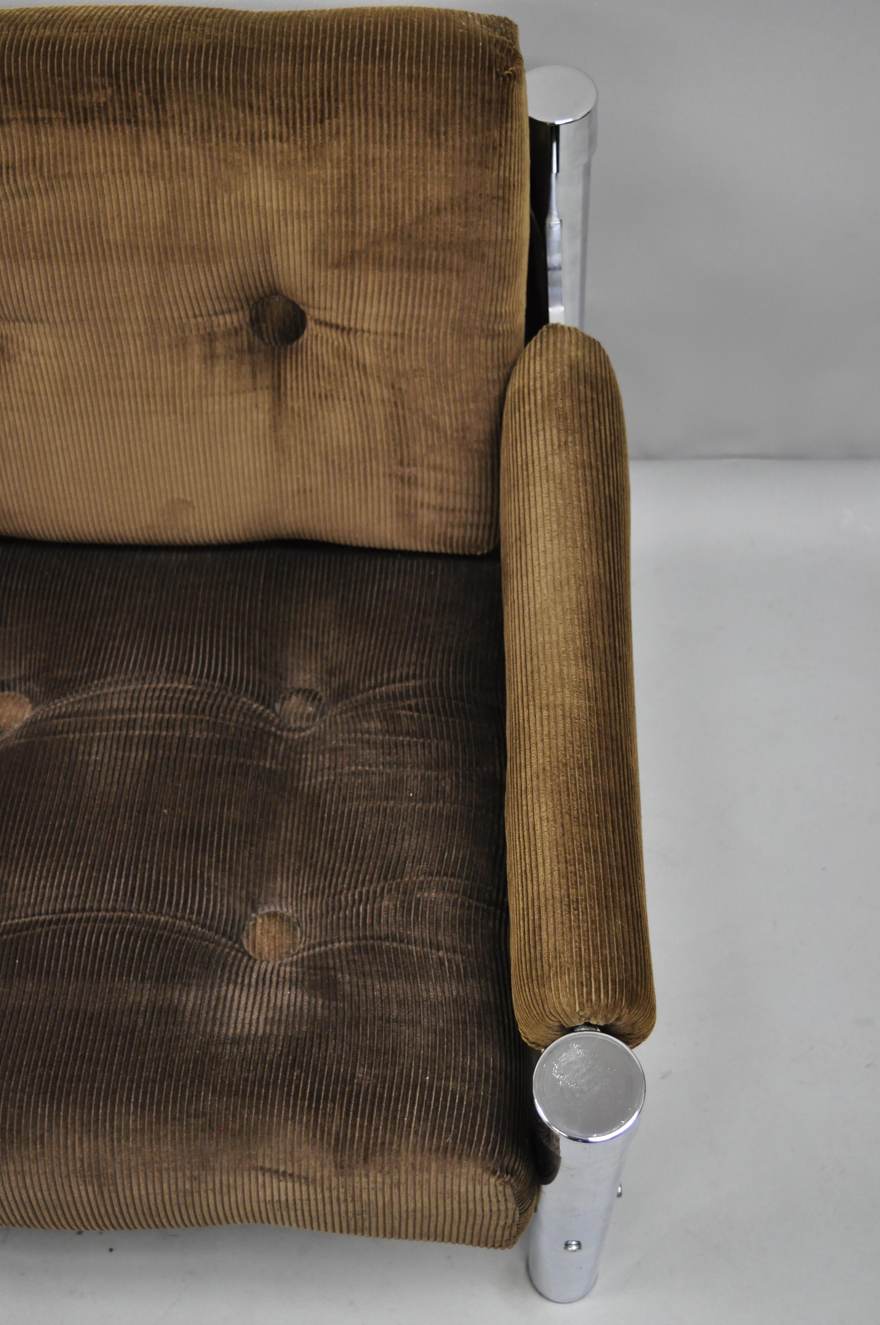 American Mid-Century Modern Chrome and Brown Corduroy Loveseat Sofa by James David Inc