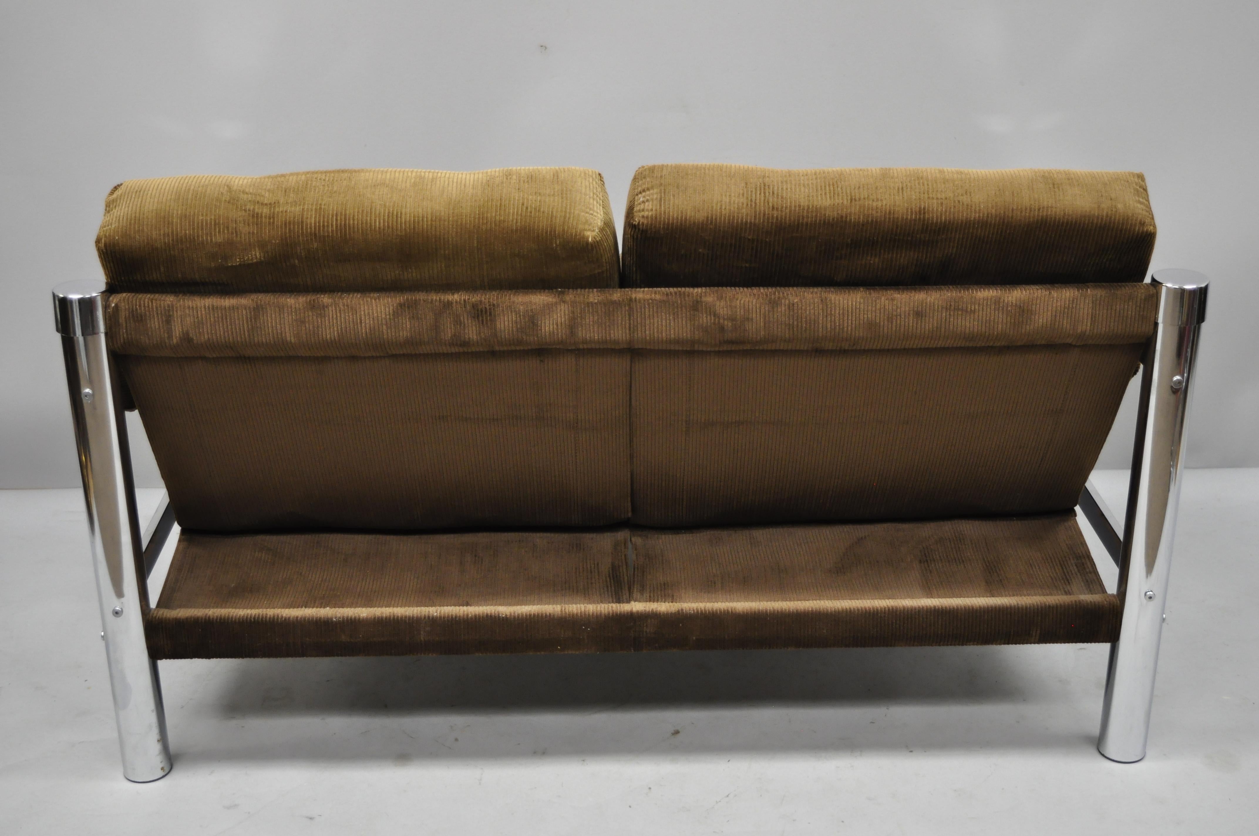 Late 20th Century Mid-Century Modern Chrome and Brown Corduroy Loveseat Sofa by James David Inc