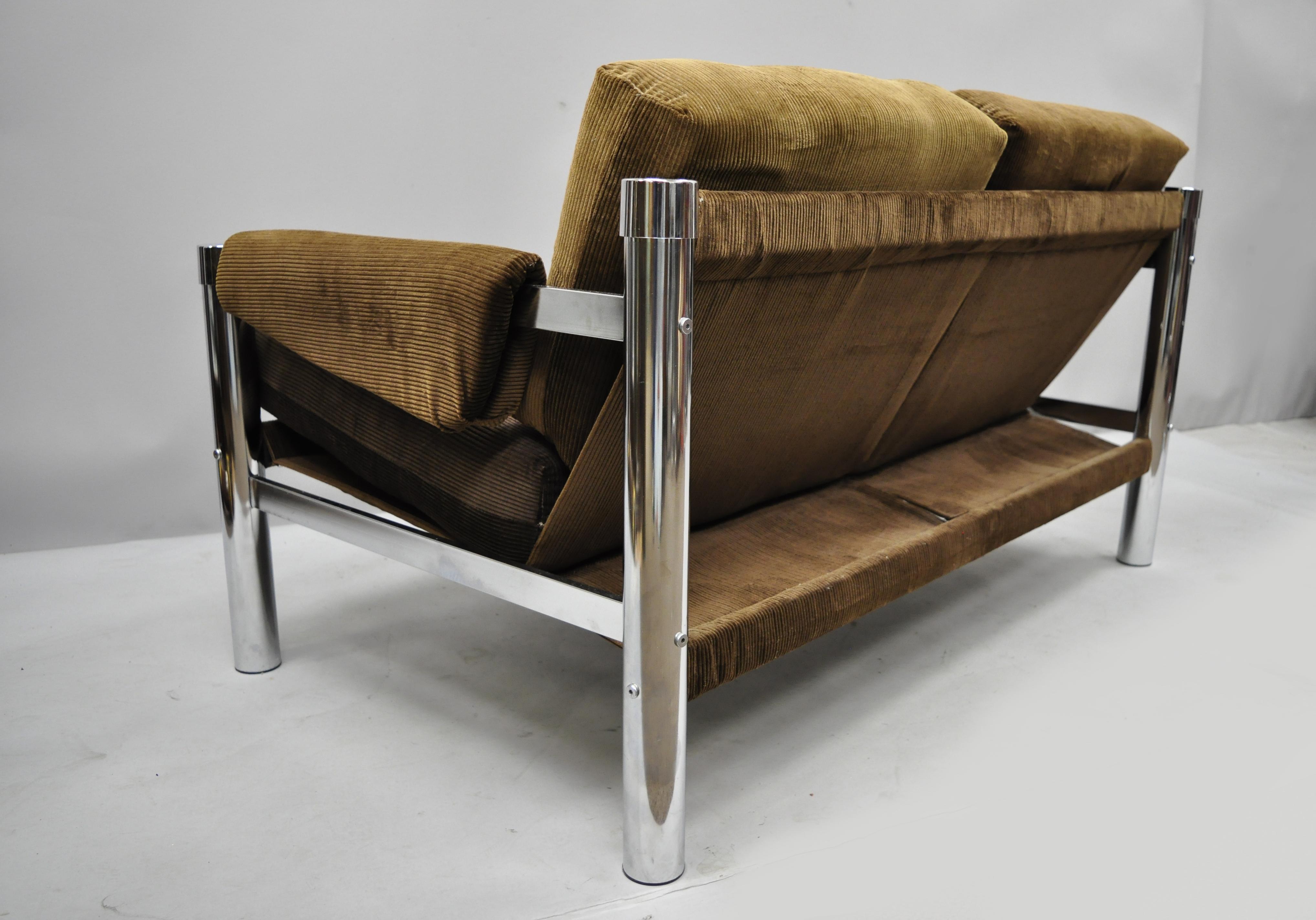Fabric Mid-Century Modern Chrome and Brown Corduroy Loveseat Sofa by James David Inc