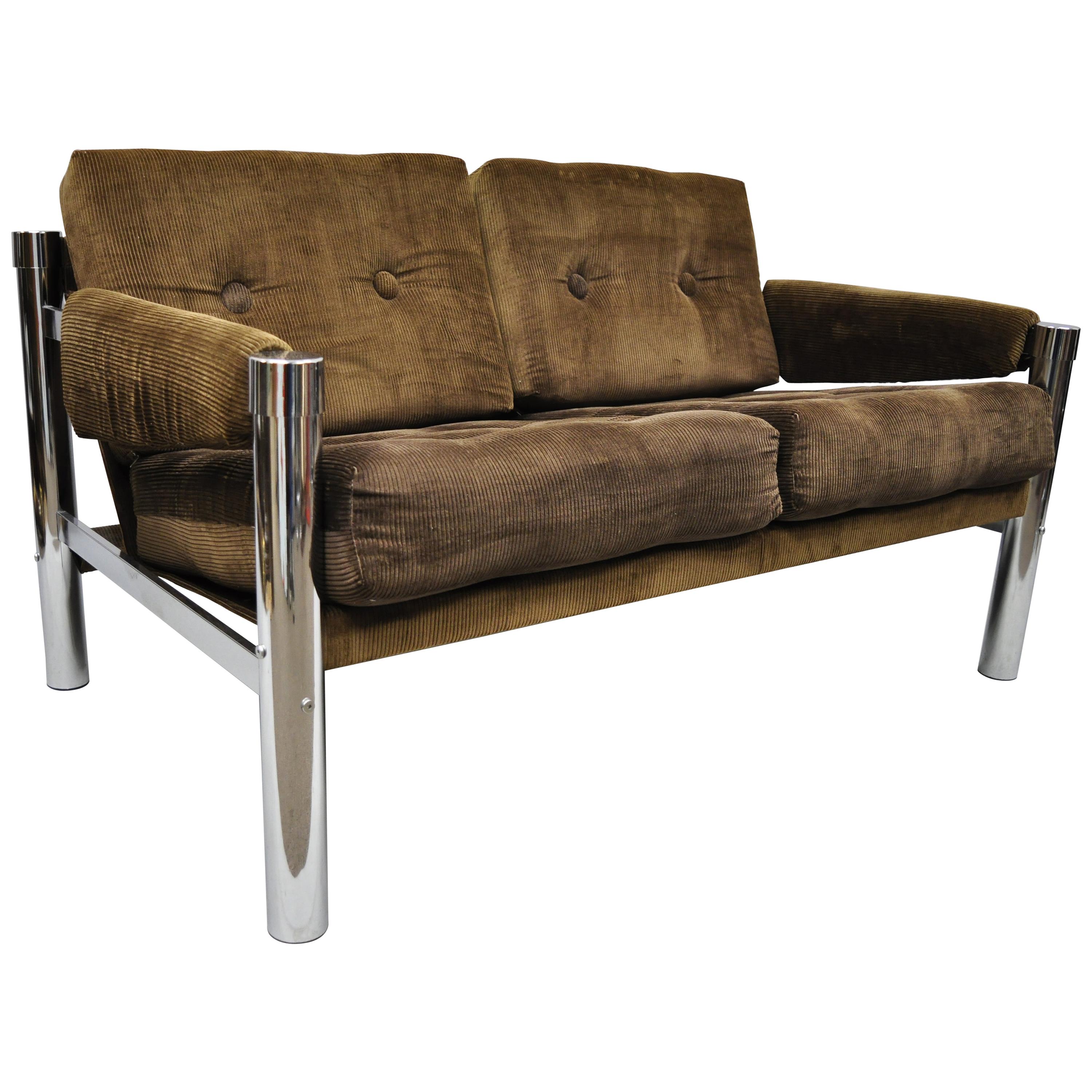 Mid-Century Modern Chrome and Brown Corduroy Loveseat Sofa by James David Inc