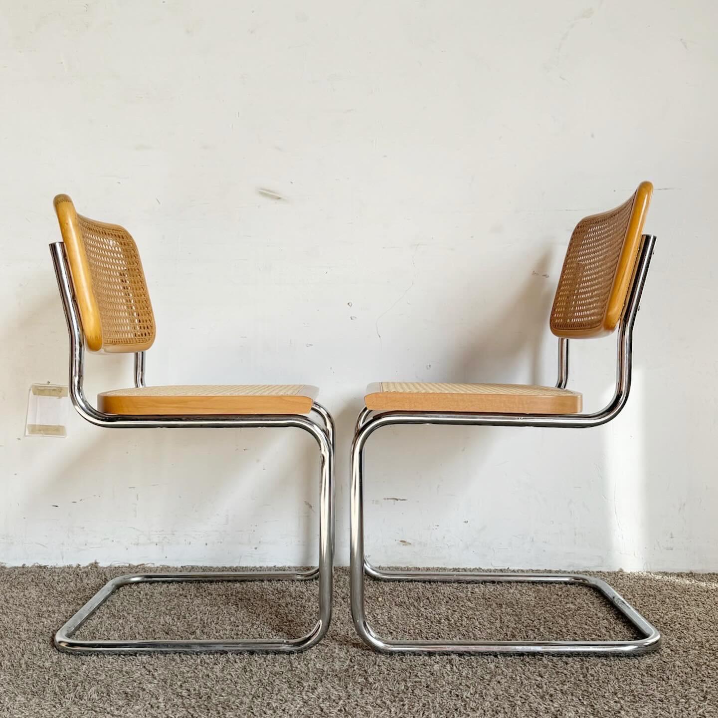 Mid Century Modern Chrome and Cane Cantilever Dining Chairs - Set of 4 In Good Condition For Sale In Delray Beach, FL