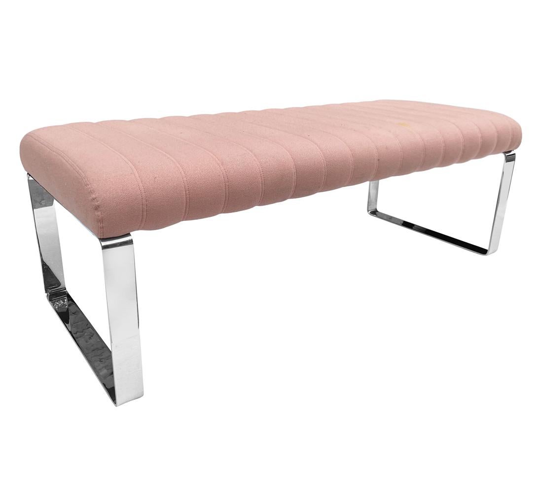 Fabric Mid-Century Modern Chrome and Channel Upholstered Bench After Milo Baughman For Sale