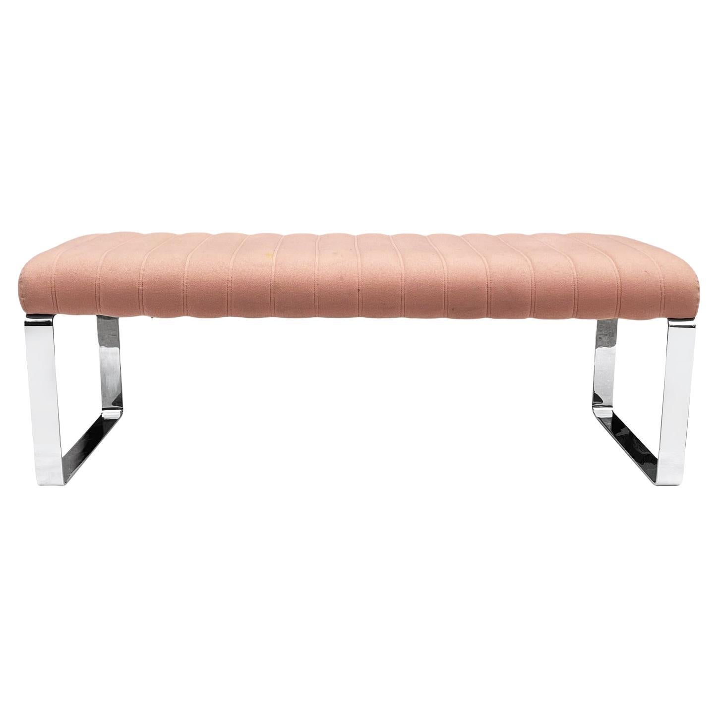 Mid-Century Modern Chrome and Channel Upholstered Bench After Milo Baughman For Sale
