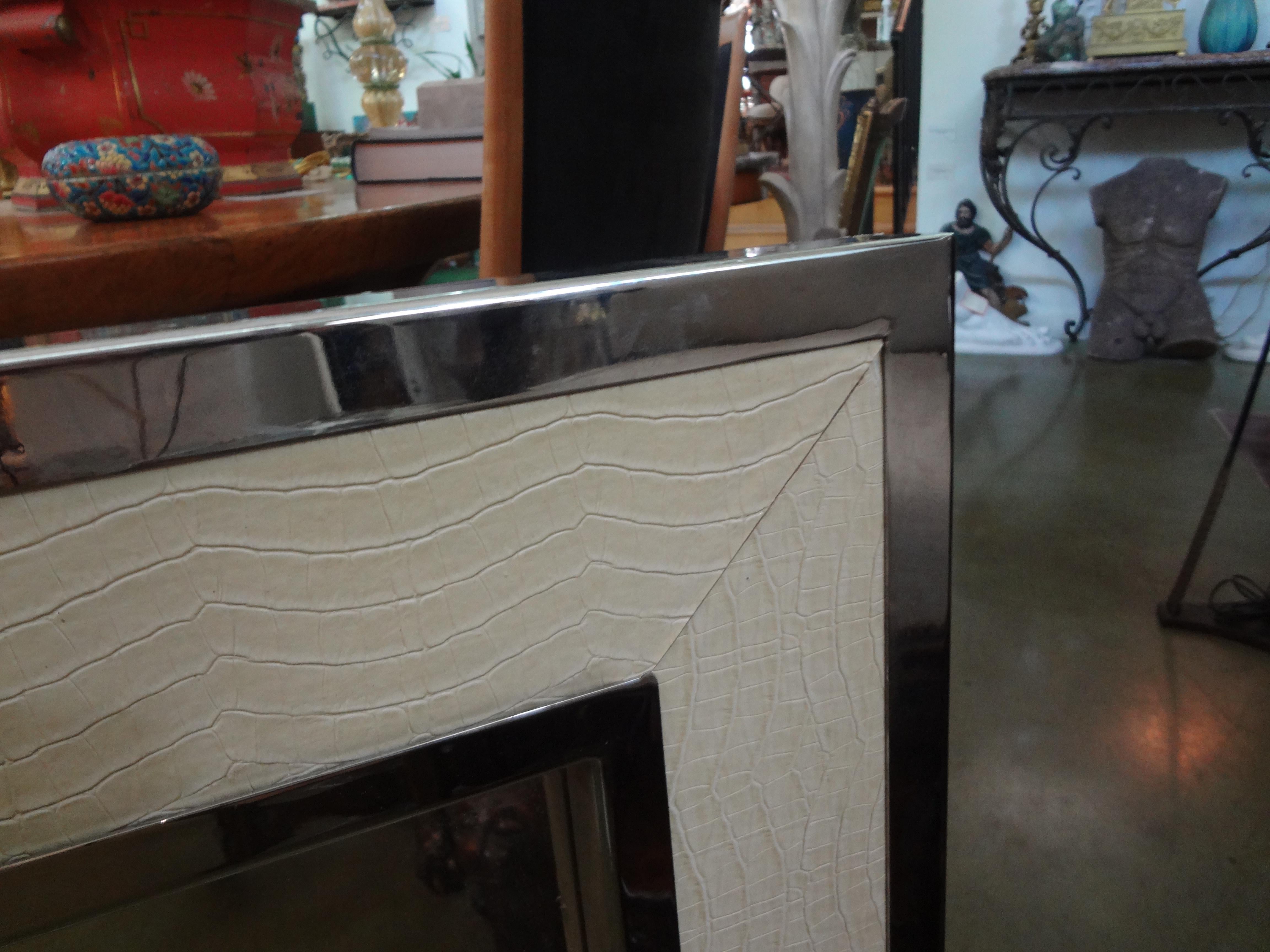 Mid-Century Modern Milo Baughman Style Chrome and Faux Alligator Mirror In Good Condition For Sale In Houston, TX