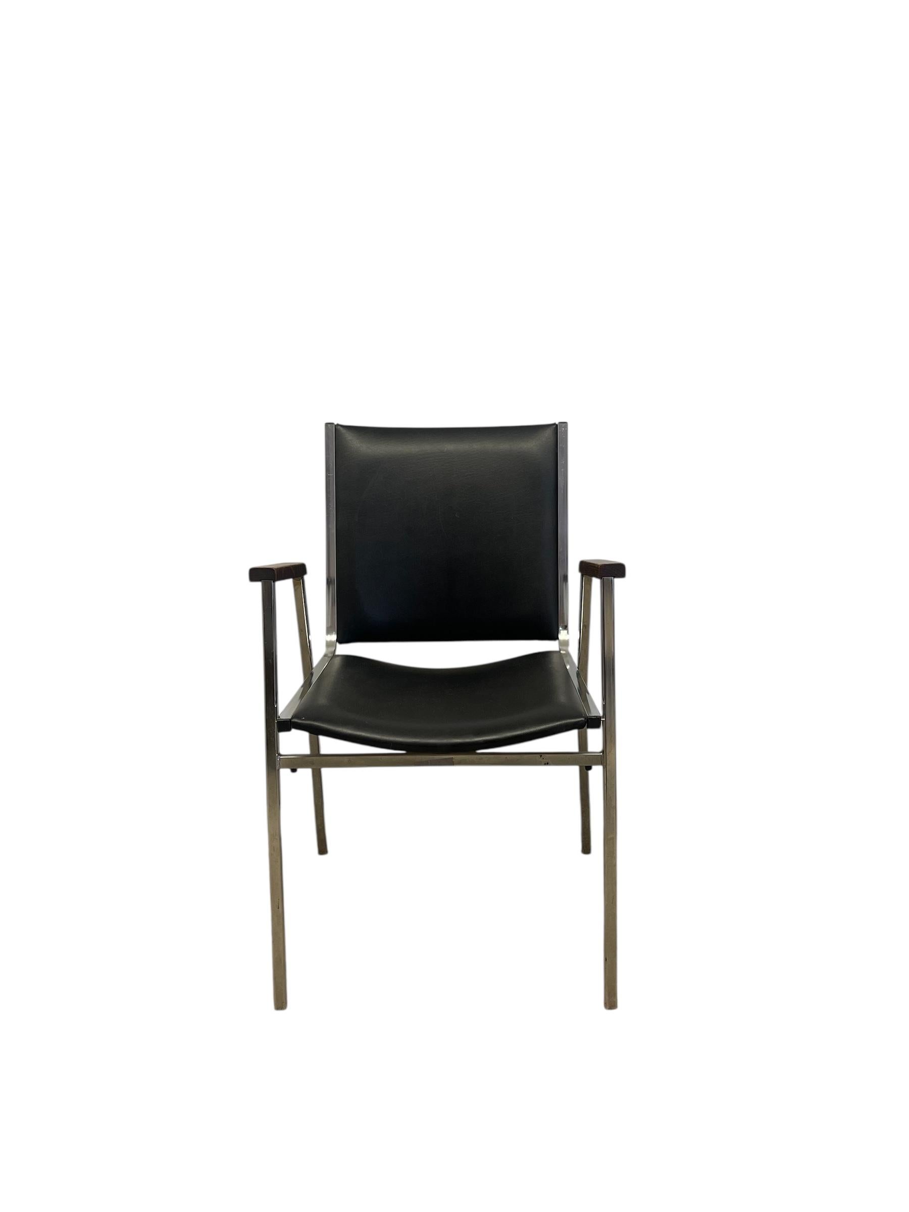 Late 20th Century Mid-Century Modern Chrome and Faux Leather Armchair with Wood Armrests, 1970s For Sale