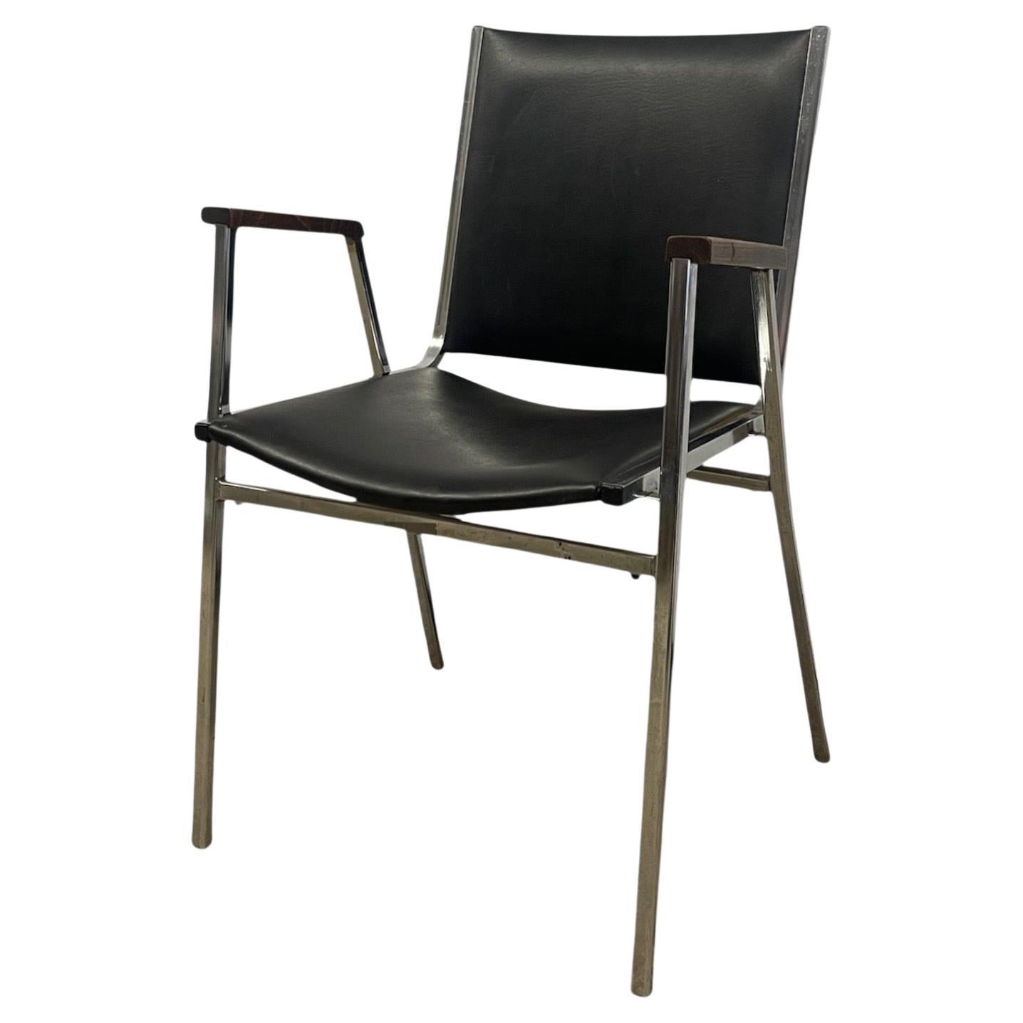 Mid-Century Modern Chrome and Faux Leather Armchair with Wood Armrests, 1970s For Sale