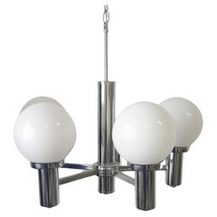 Mid Century Modern Chrome and Five Globe Ceiling Pendant Lighting