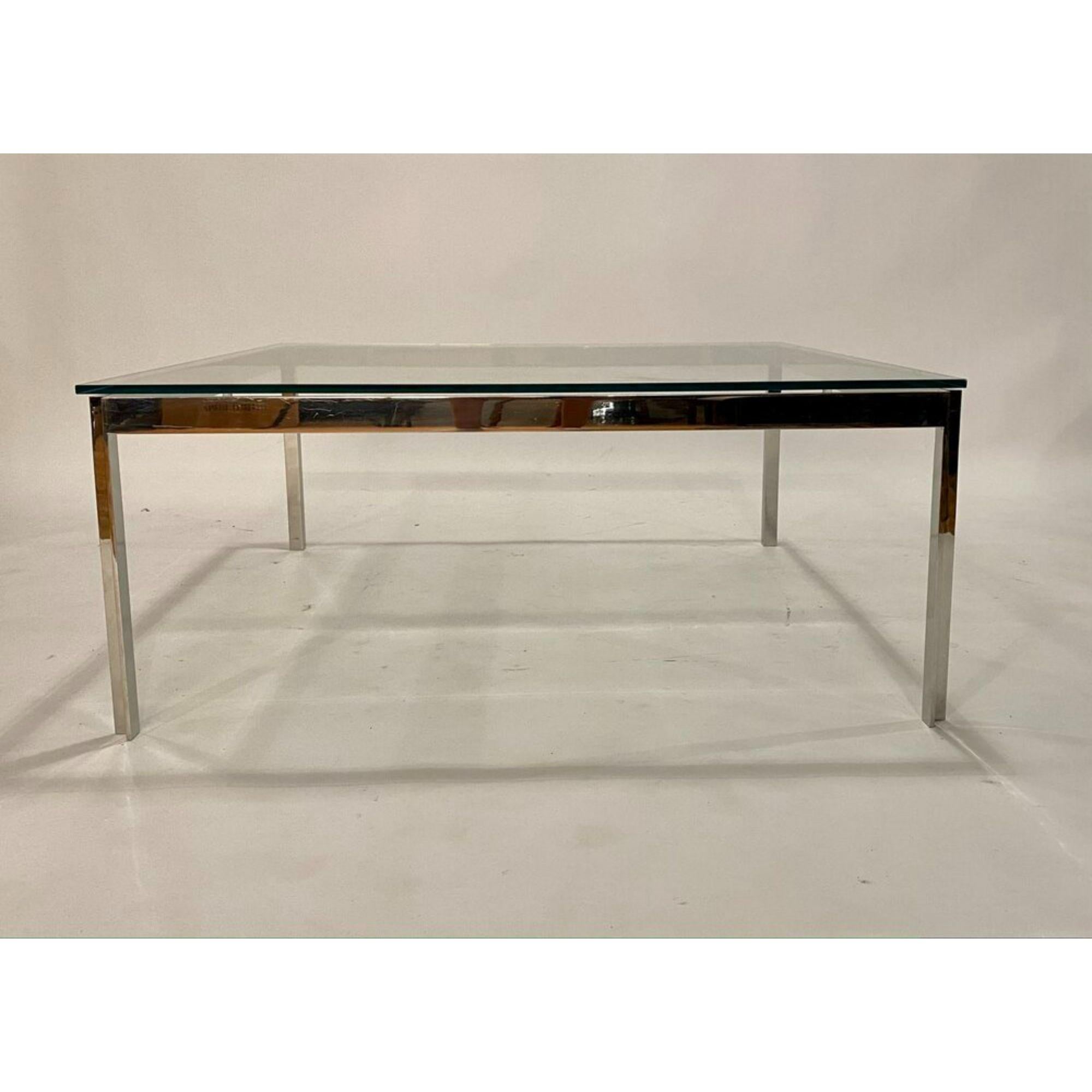 Vintage modern steel and glass square coffee table in the style of Milo Baughman or Knoll crafted in knife edge corners.

Additional Information:
Materials: Chrome, Glass
Color: Chrome
Style: Mid-Century Modern, Minimalist Modern
Style After: 