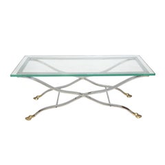 Mid-Century Modern Chrome and Glass Console or Coffee Table with Brass Hoof Feet