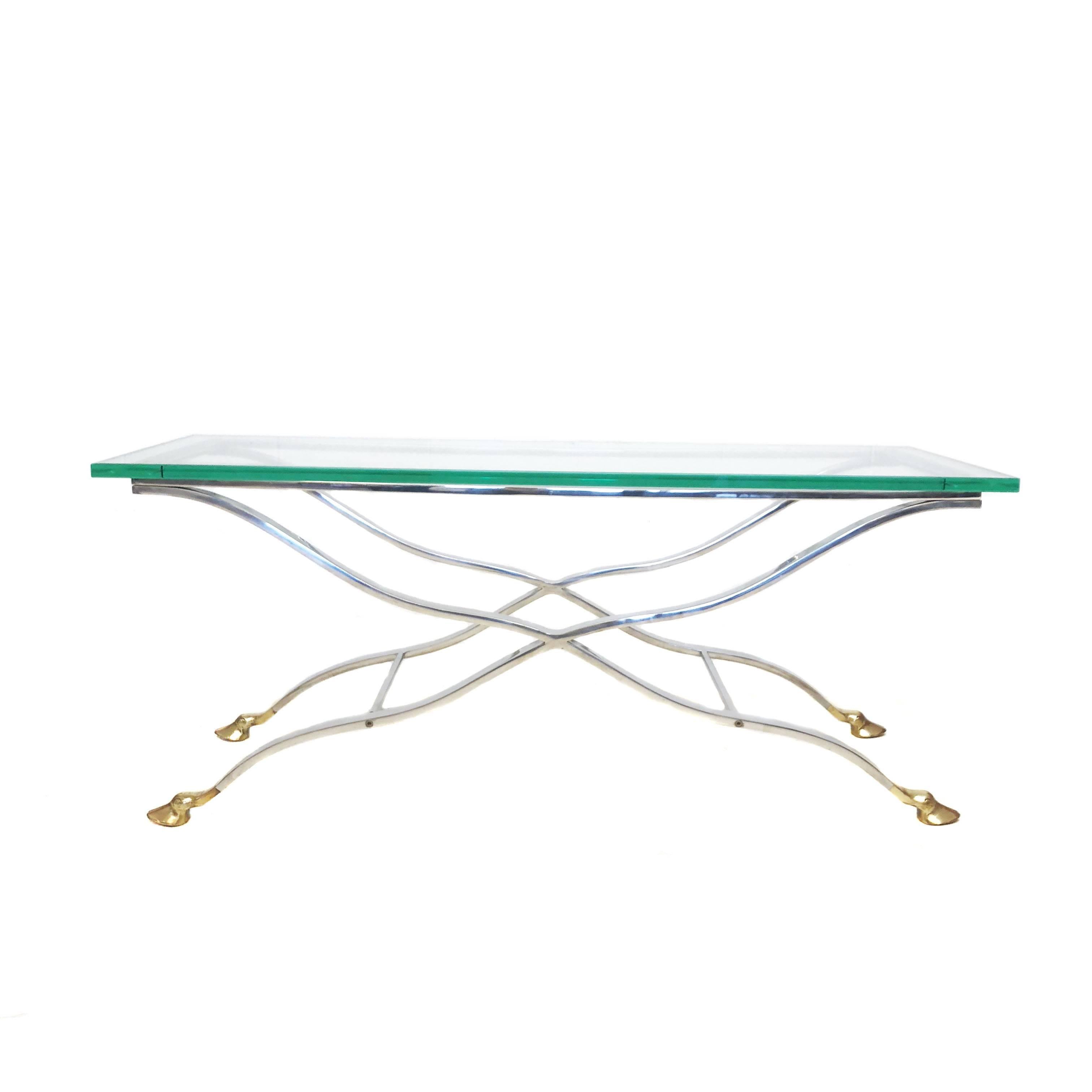 Mid-Century Modern Chrome and Glass Console or Coffee Table with Brass Hoof Feet In Good Condition For Sale In New Hyde Park, NY