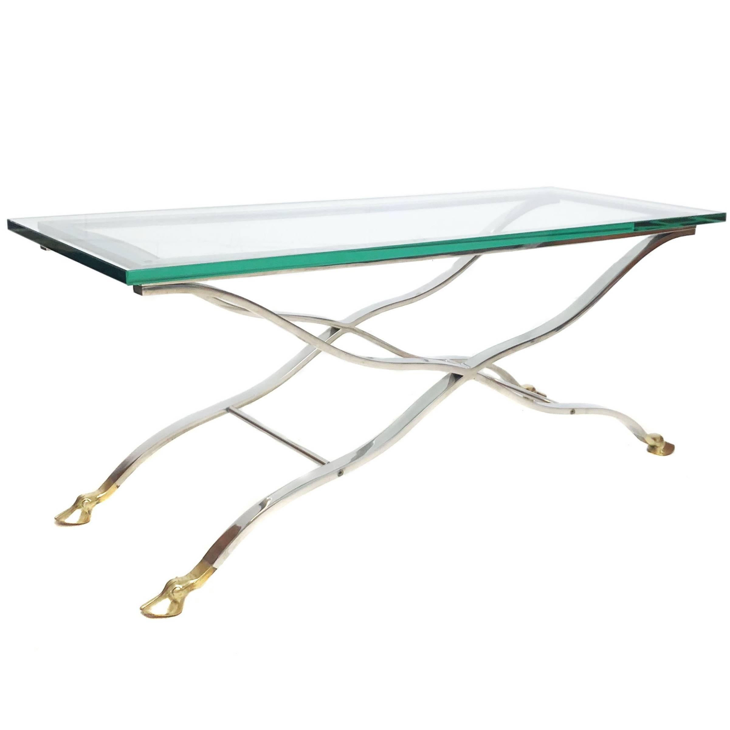Mid-Century Modern Chrome and Glass Console or Coffee Table with Brass Hoof Feet For Sale