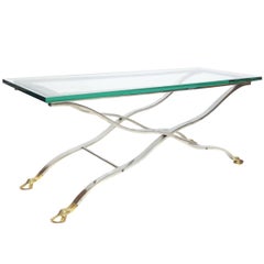 Mid-Century Modern Chrome and Glass Console or Coffee Table with Brass Hoof Feet