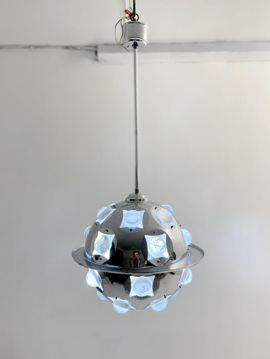 Mid-Century Modern Chrome and Glass Suspension by Oscar Torlasco, Italy, 1970s.