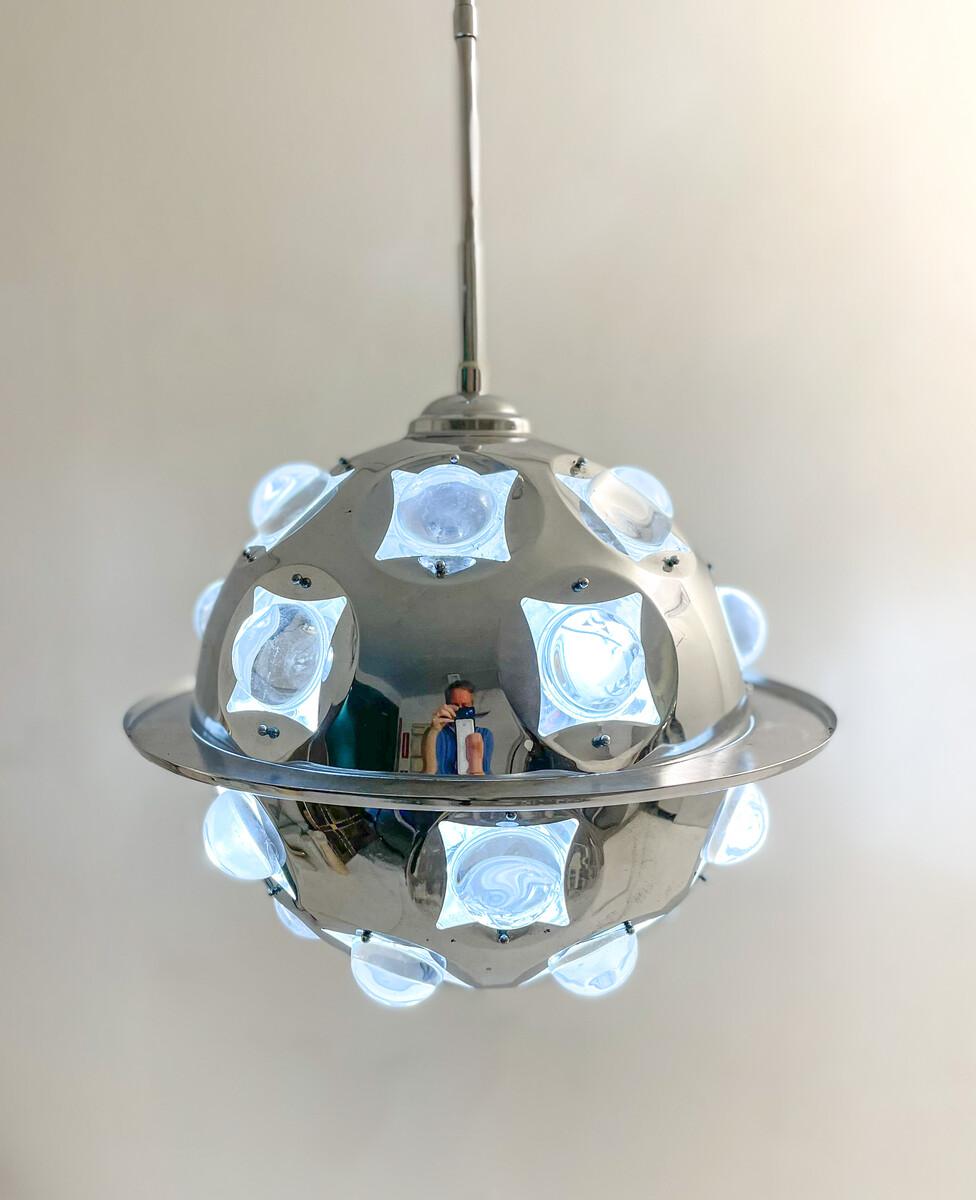 Italian Mid-Century Modern Chrome and Glass Suspension by Oscar Torlasco, Italy, 1970s For Sale