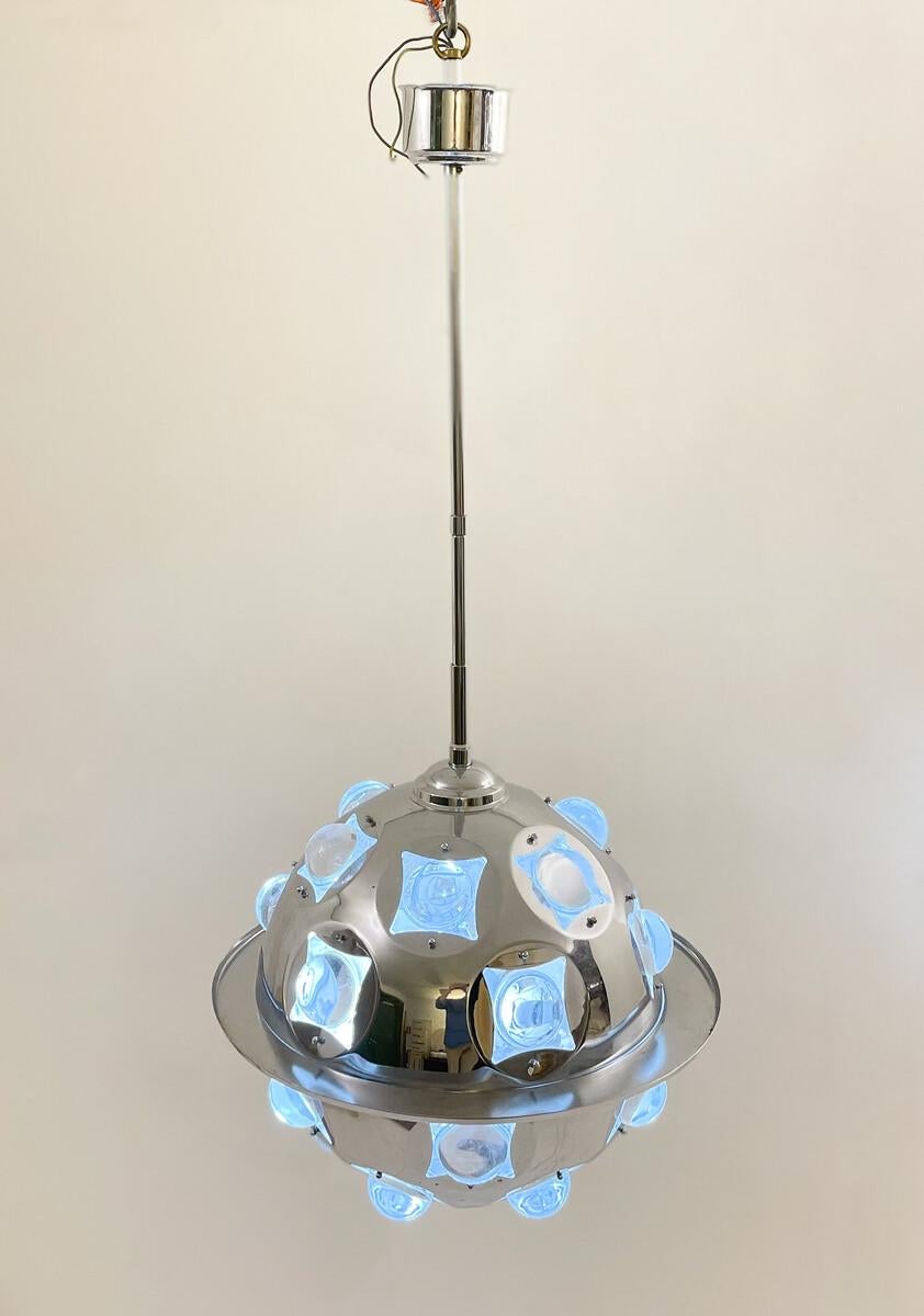Mid-Century Modern Chrome and Glass Suspension by Oscar Torlasco, Italy, 1970s For Sale 1
