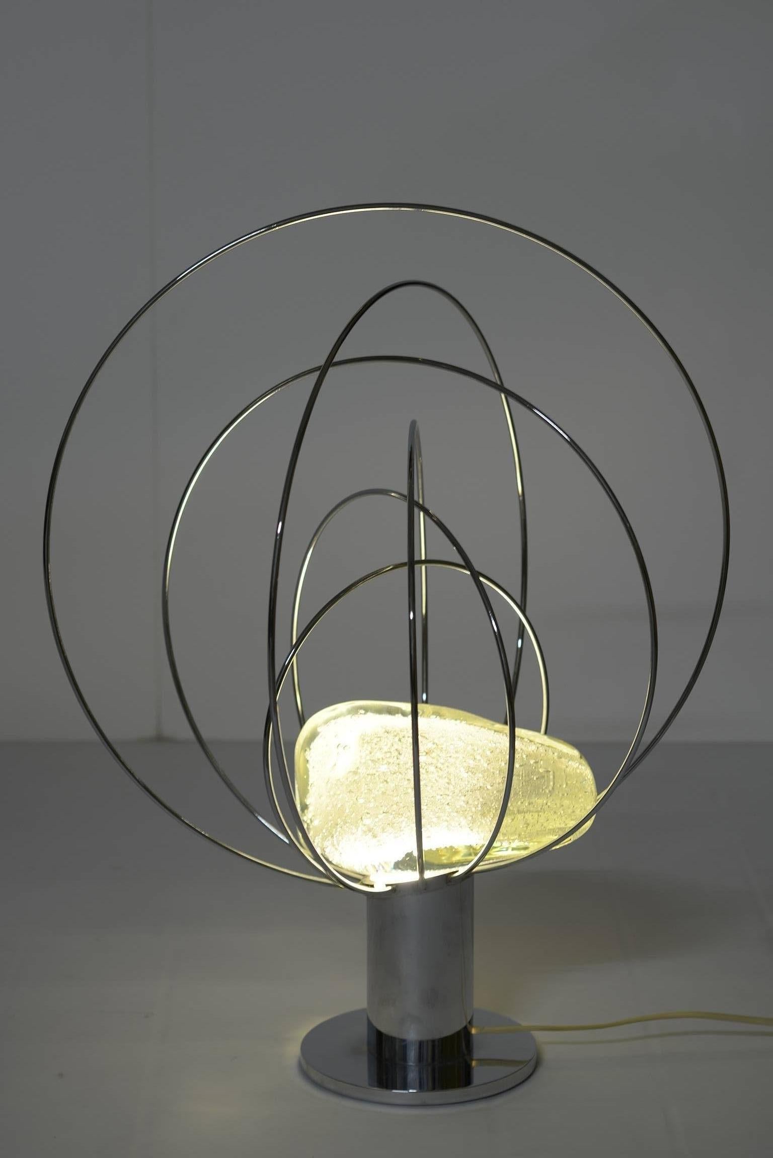 Italian Angelo Brotto for Esperia Midcentury Modern chrome and Murano glass table lamp.