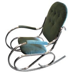 Vintage Mid-Century Modern Chrome and Green Velvet Rocking Chair, circa 1970