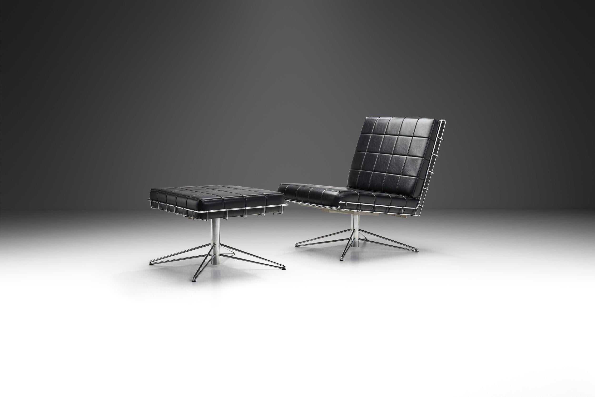 Crafted with meticulous attention to detail, this chair and footstool pair exudes both elemental modern elegance and comfort, making it a timeless and stylish addition to any interior space. The sleek chrome frames offer a striking contrast to the