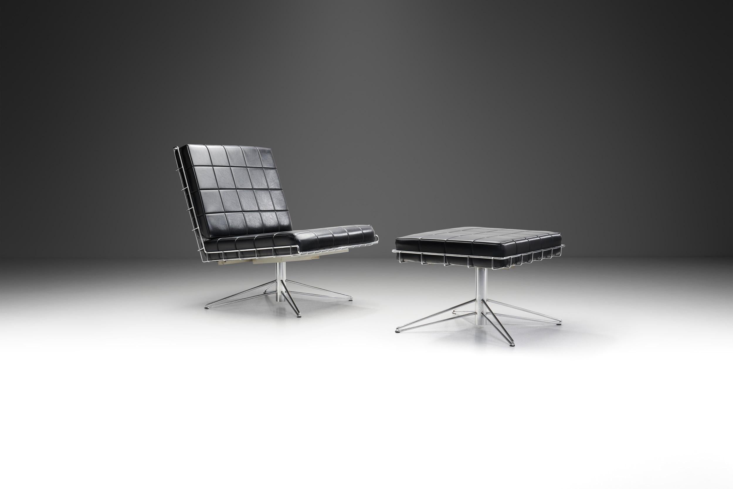 European Mid-Century Modern Chrome & Leatherette Lounge Chair with Footstool, Europe 1960