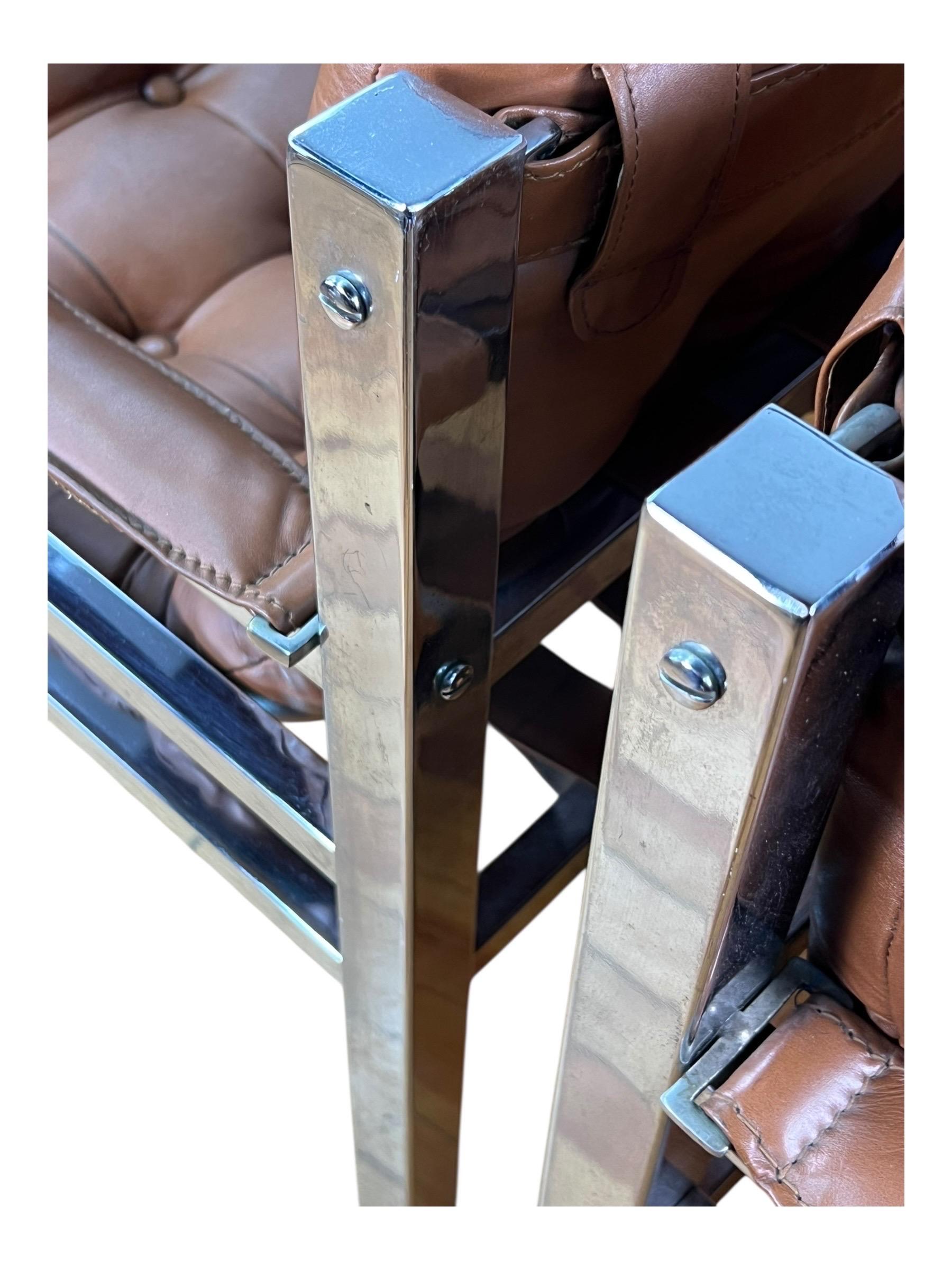 Pareja de sillones Safari de cuero y cromo modernos de mediados de siglo en venta 3