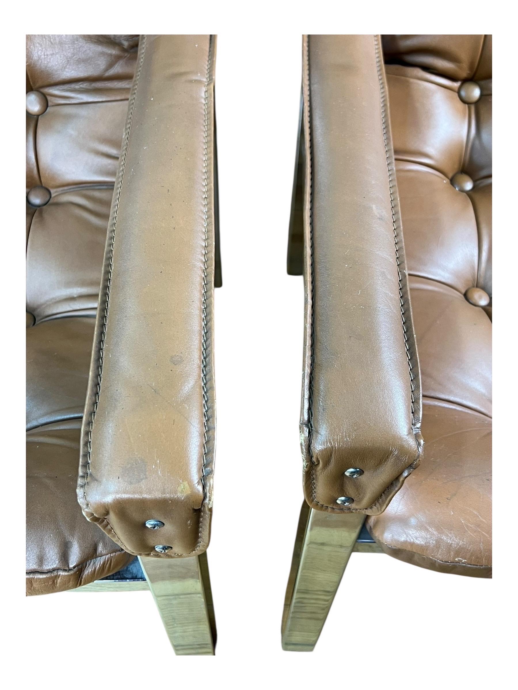 Pareja de sillones Safari de cuero y cromo modernos de mediados de siglo en venta 4