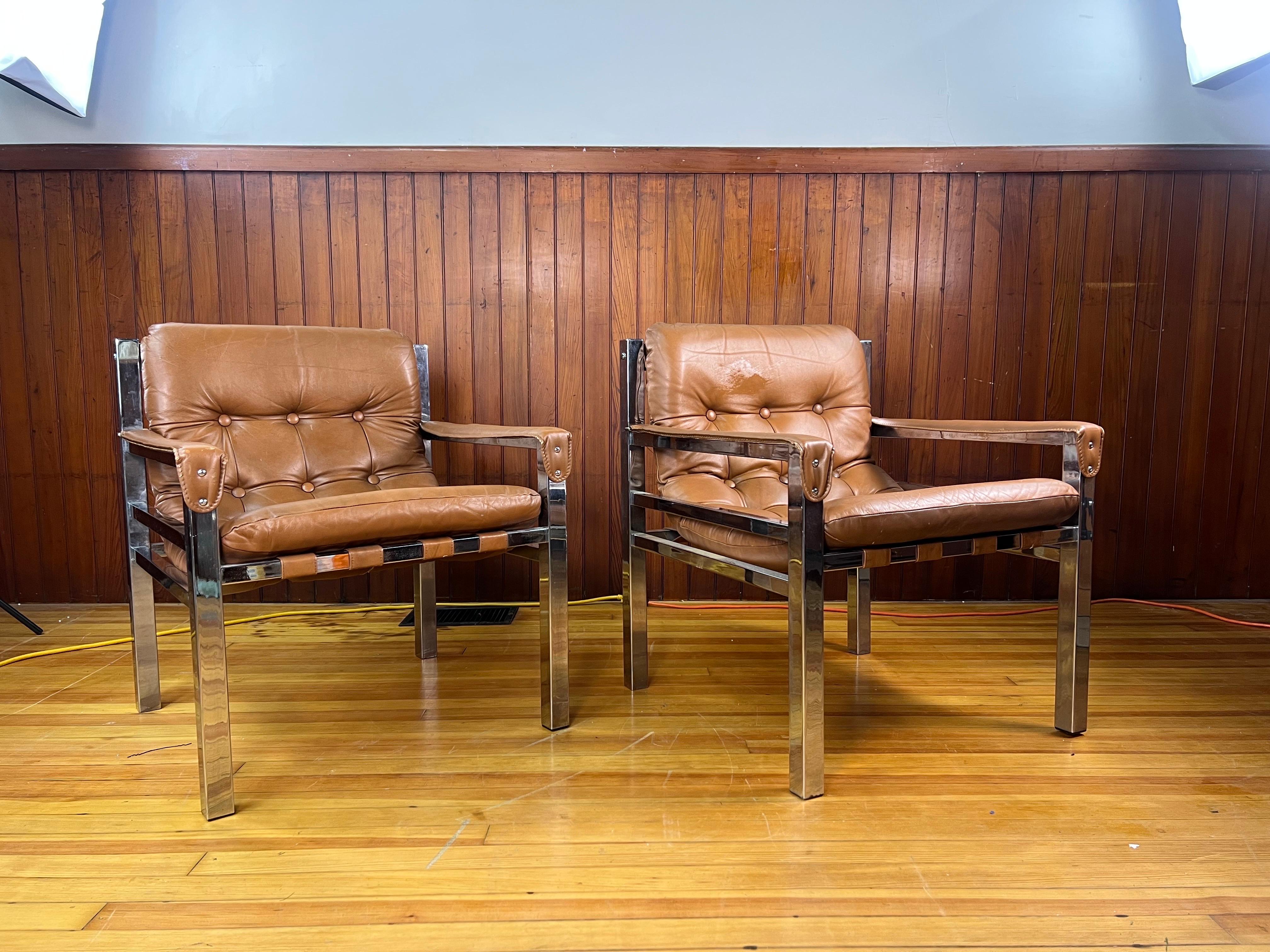 Pareja de sillones Safari de cuero y cromo modernos de mediados de siglo en venta 7