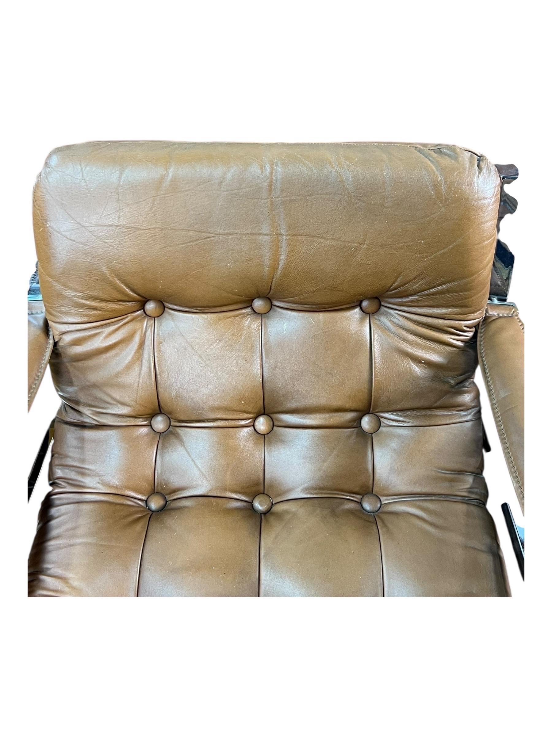 Pareja de sillones Safari de cuero y cromo modernos de mediados de siglo en venta 8