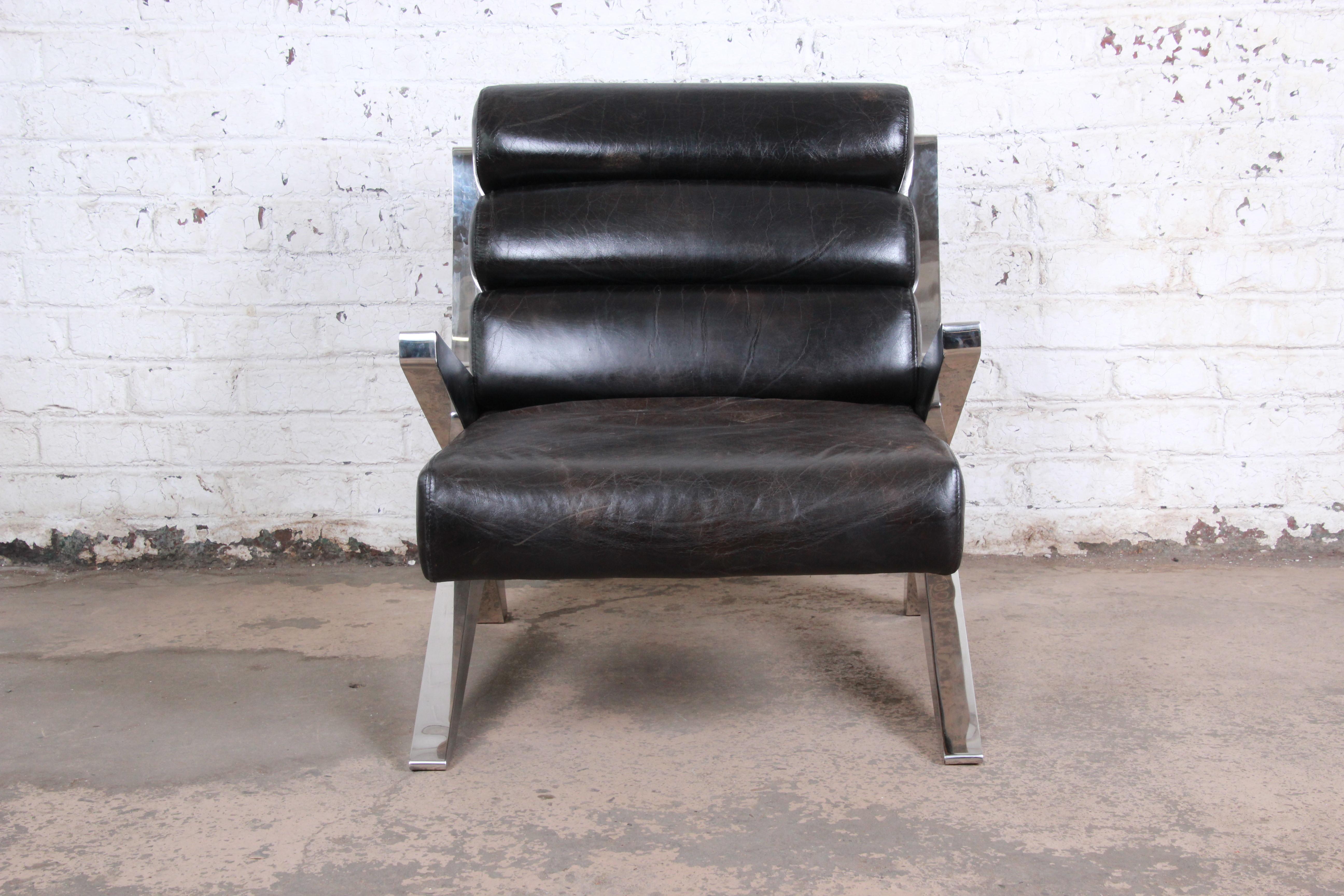 Mid-Century Modern Chrome and Leather Scissor Form Lounge Chairs, Pair 6