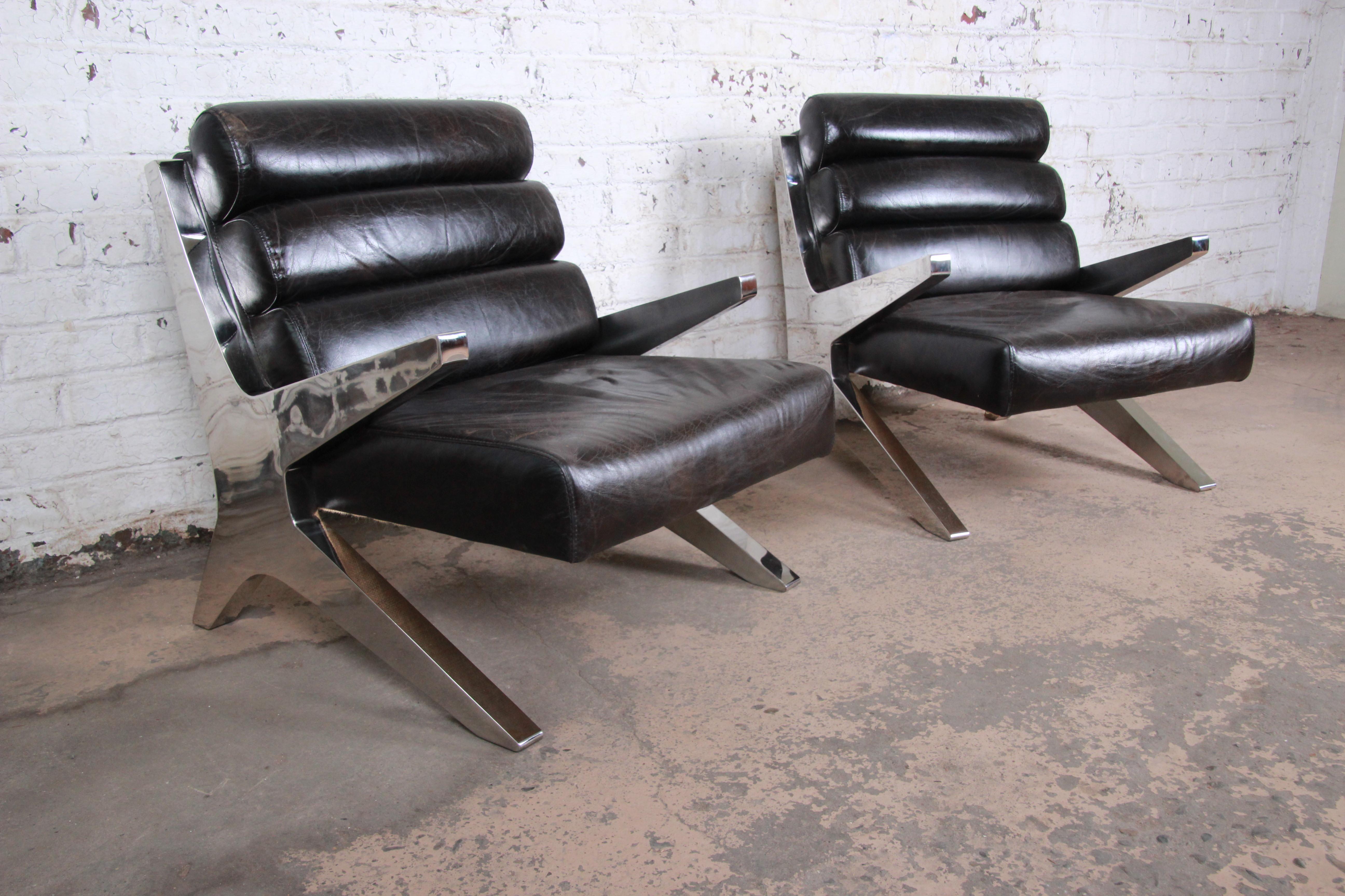 20th Century Mid-Century Modern Chrome and Leather Scissor Form Lounge Chairs, Pair