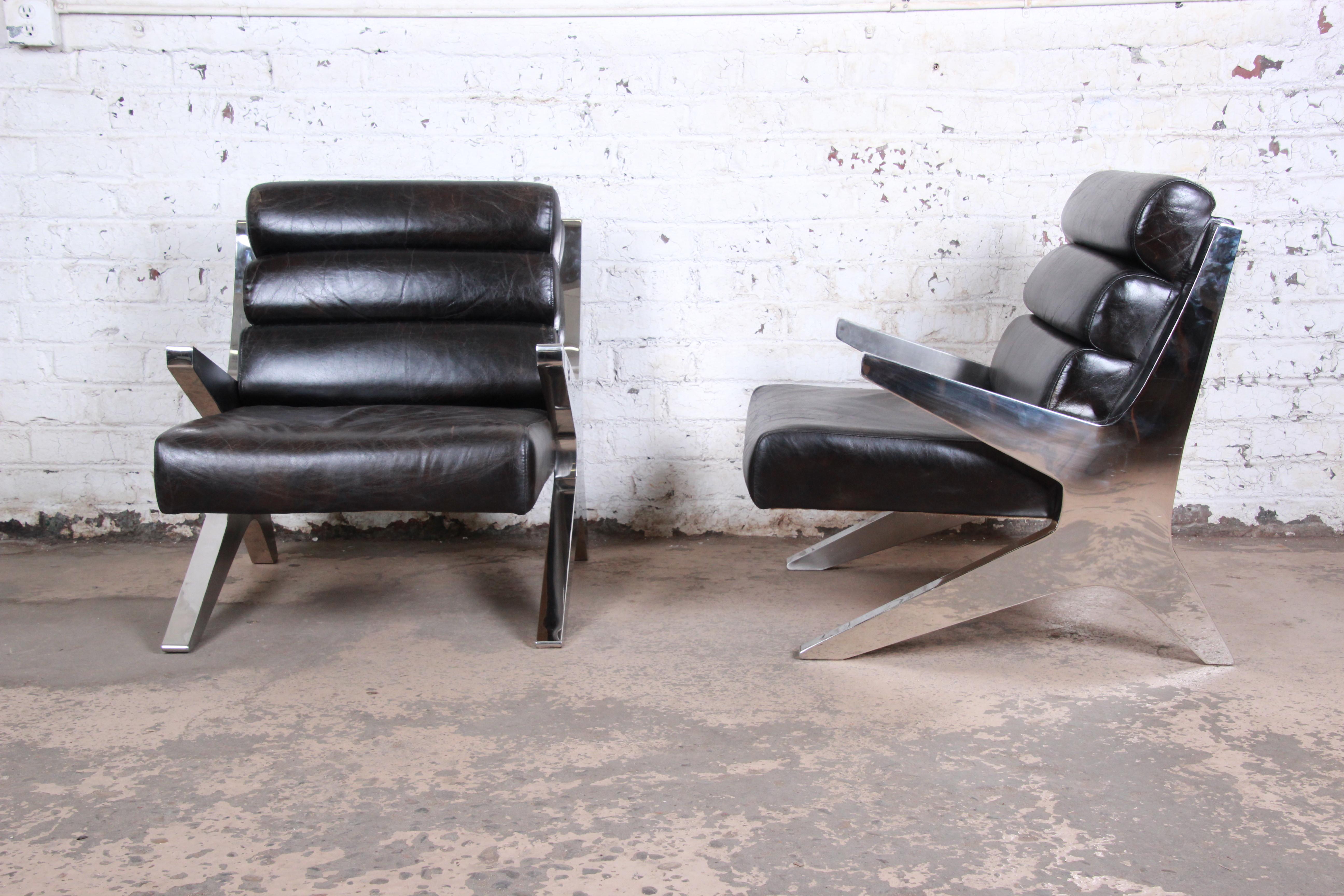 Mid-Century Modern Chrome and Leather Scissor Form Lounge Chairs, Pair 1