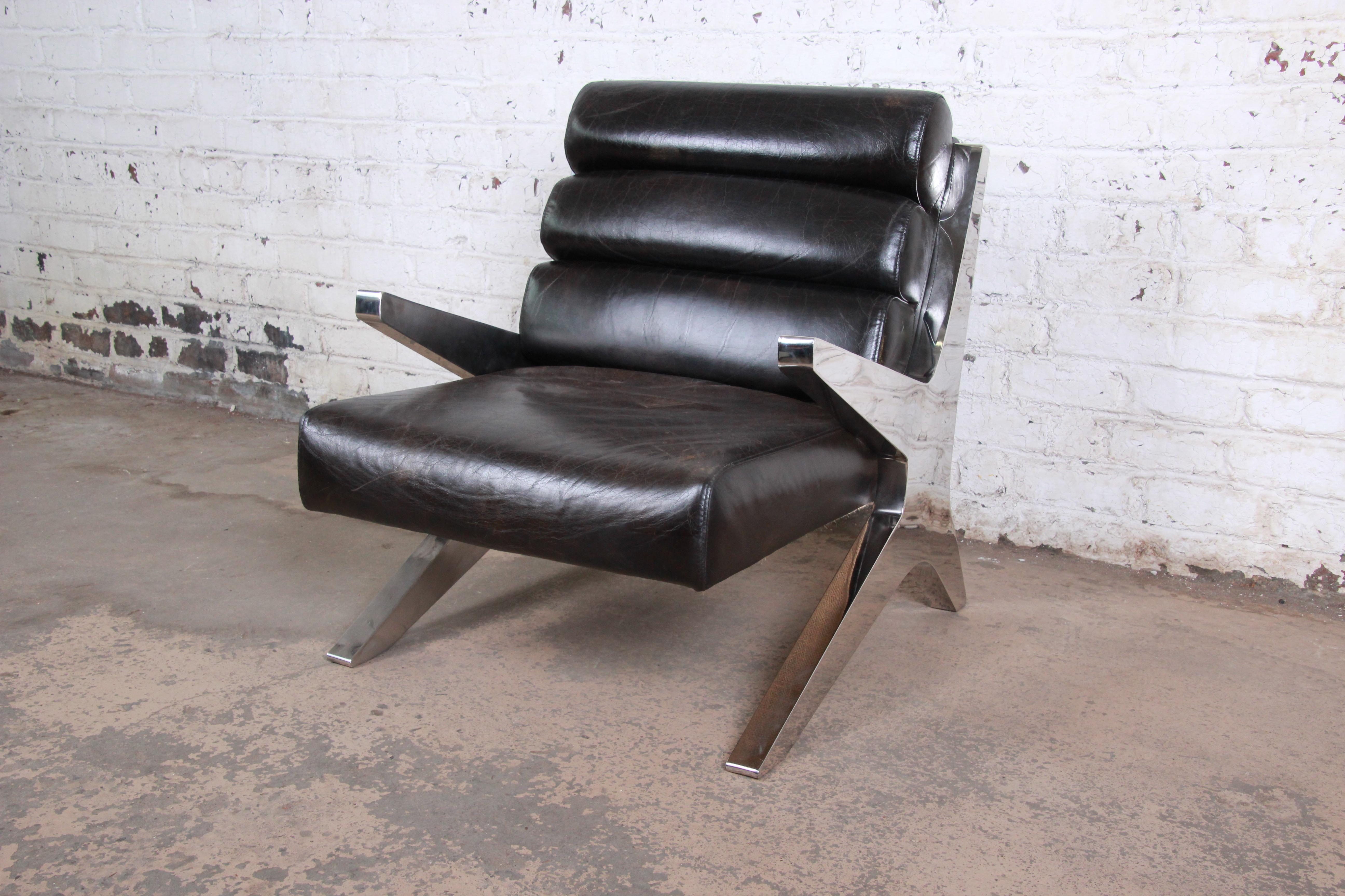 Mid-Century Modern Chrome and Leather Scissor Form Lounge Chairs, Pair 5