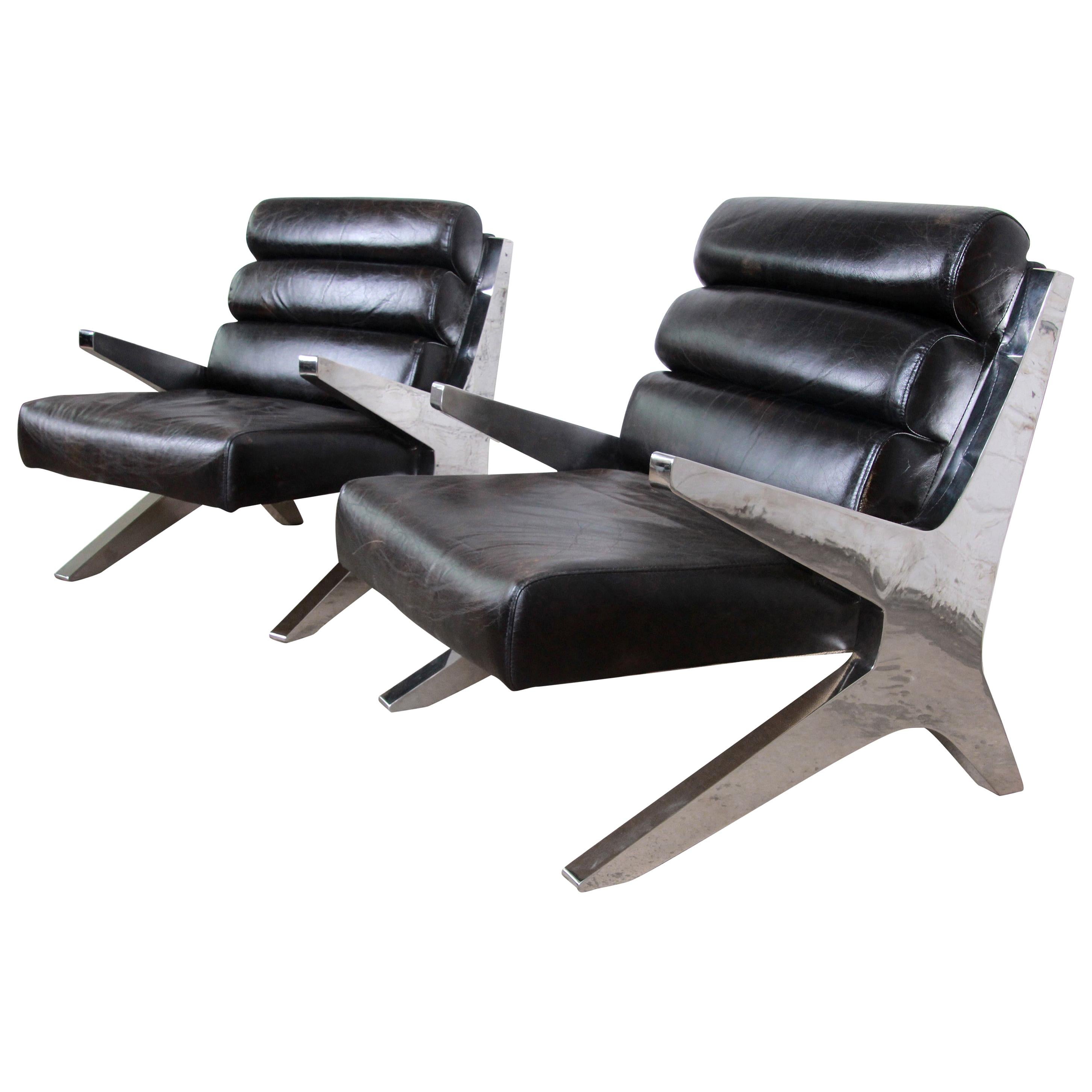 Mid-Century Modern Chrome and Leather Scissor Form Lounge Chairs, Pair