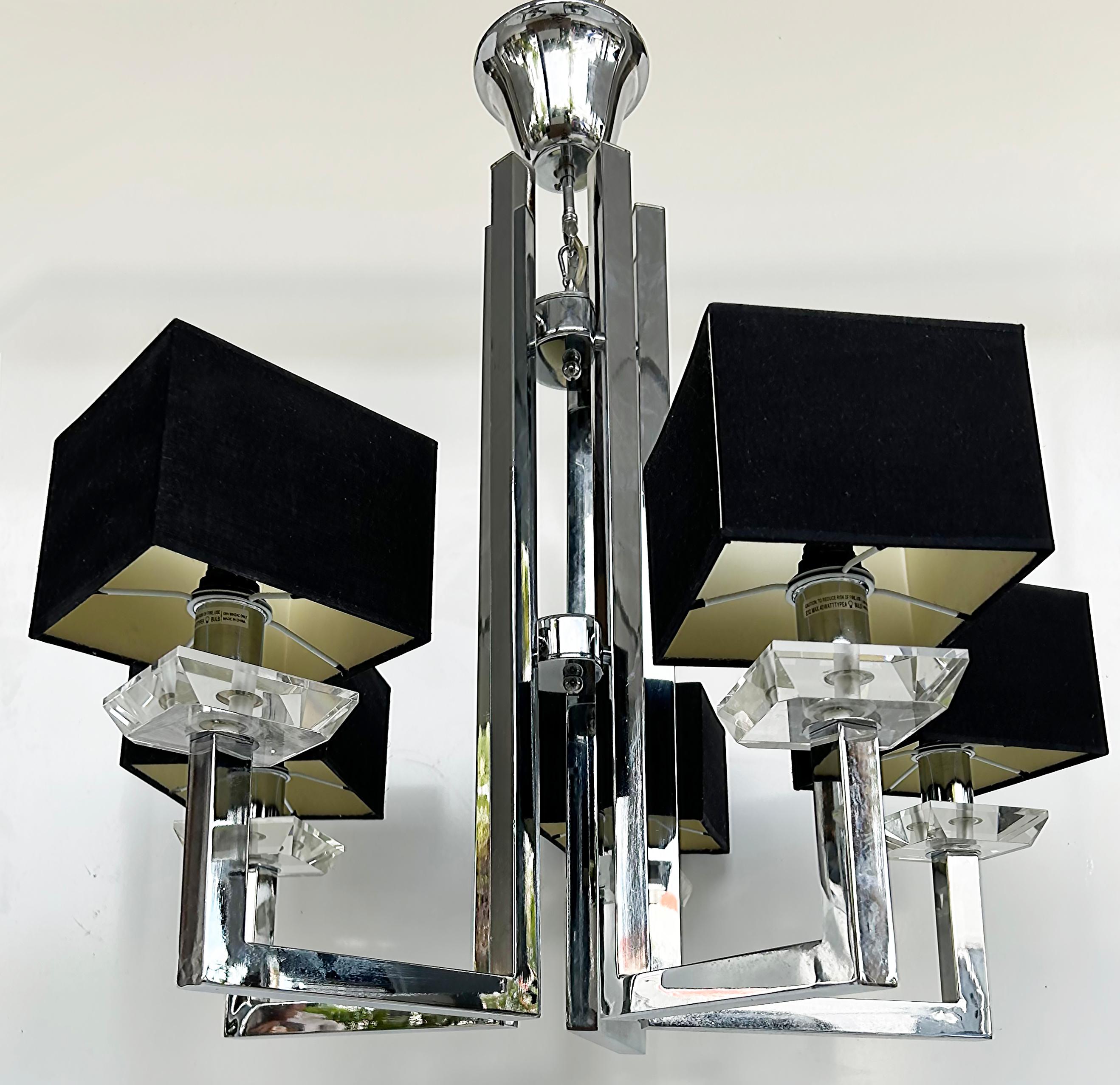 American Mid-century Modern Chrome and Lucite 5 Arm Chandelier with Square Shades For Sale