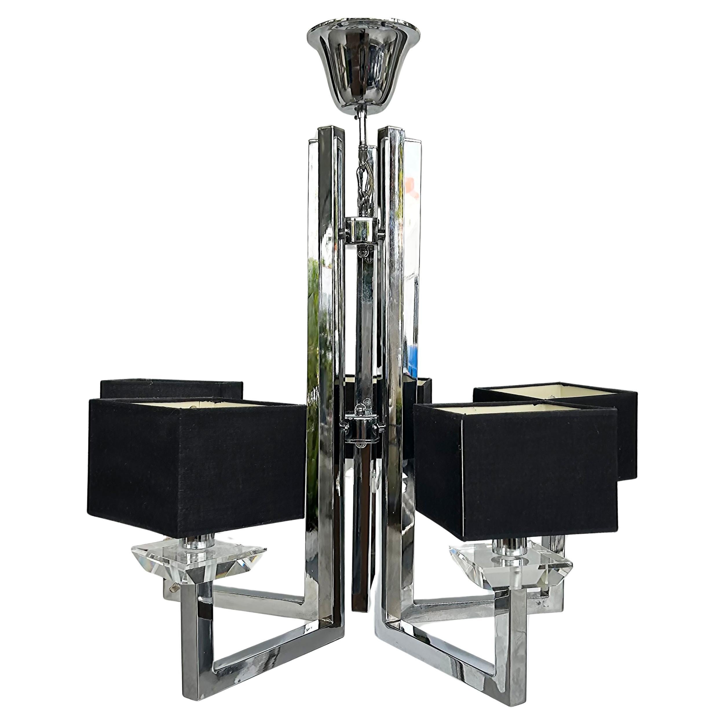 Mid-century Modern Chrome and Lucite 5 Arm Chandelier with Square Shades For Sale