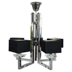 Mid-century Modern Chrome and Lucite 5 Arm Chandelier with Square Shades