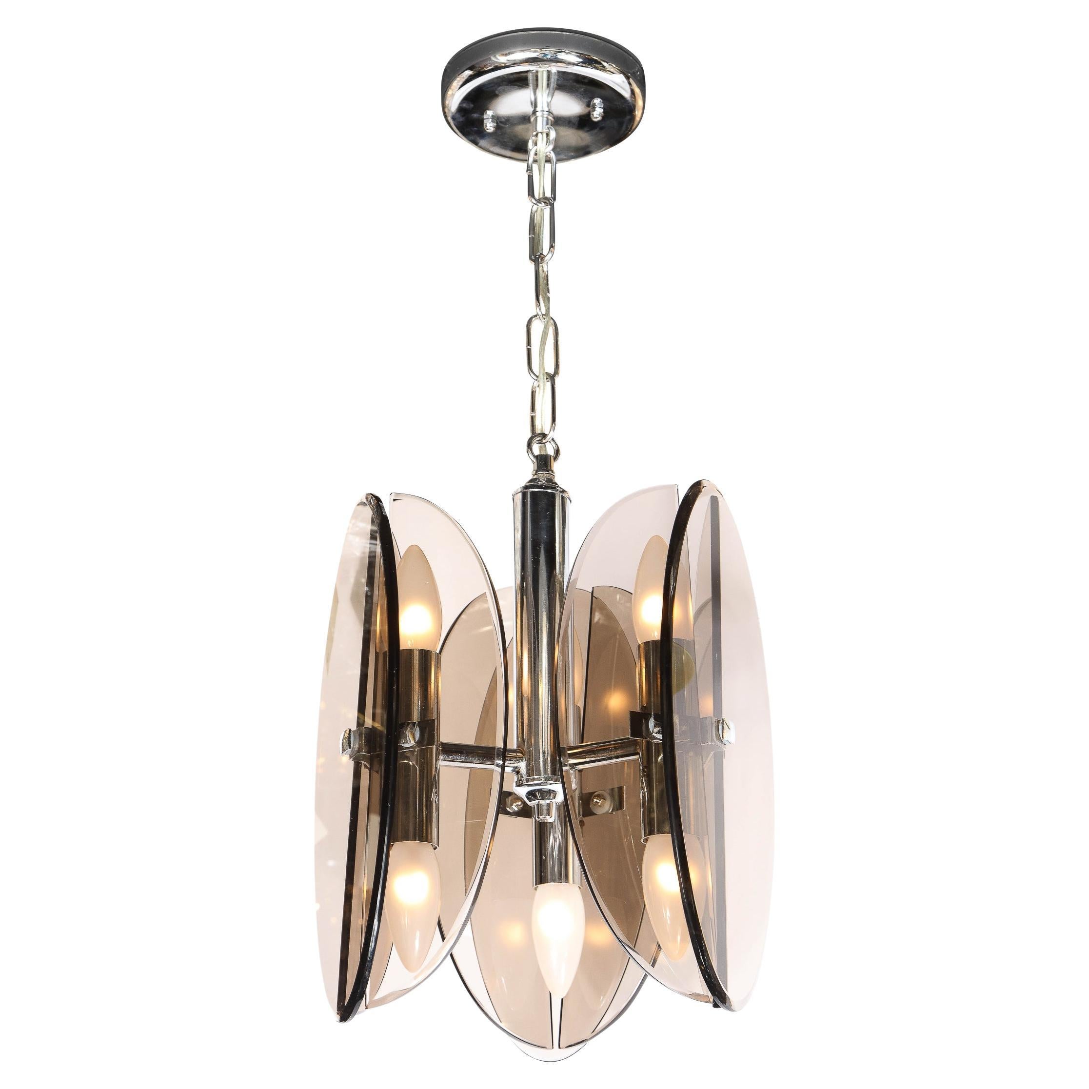 Lampe à suspension ovoïde mi-siècle moderne en chrome et verre d'ambre de Murano