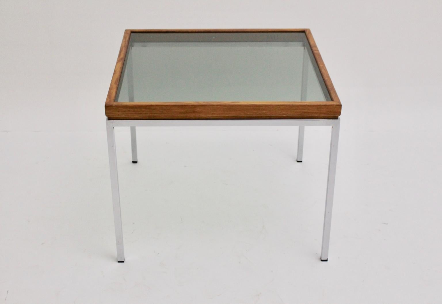 Austrian Mid-Century Modern Vintage Chrome and Oak Square Coffee Table, Austria, 1970s For Sale